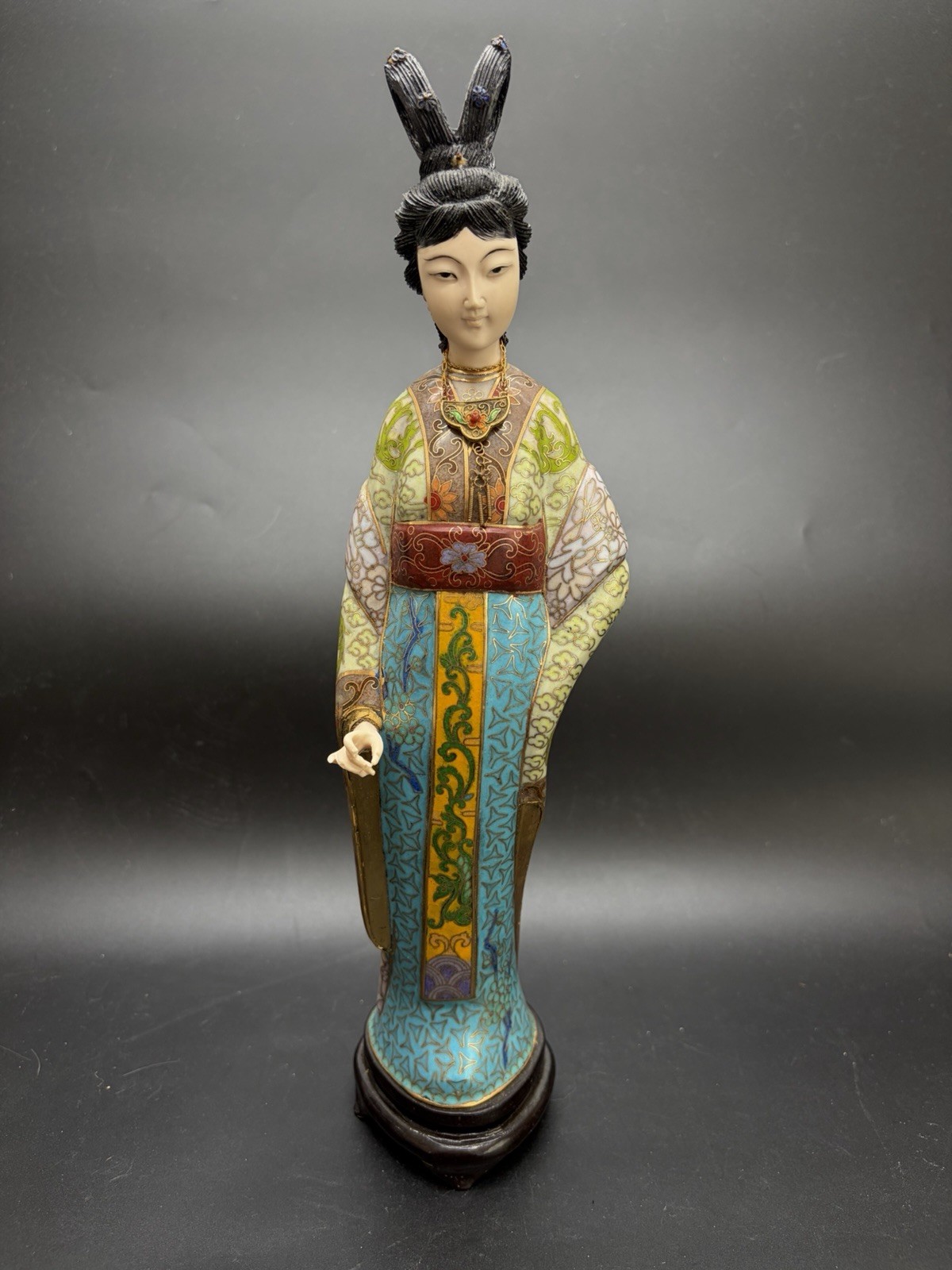 Gorgeous VTG Traditional Cloisonne Lady Figure Brass Enamel On Wood Base 13.5”