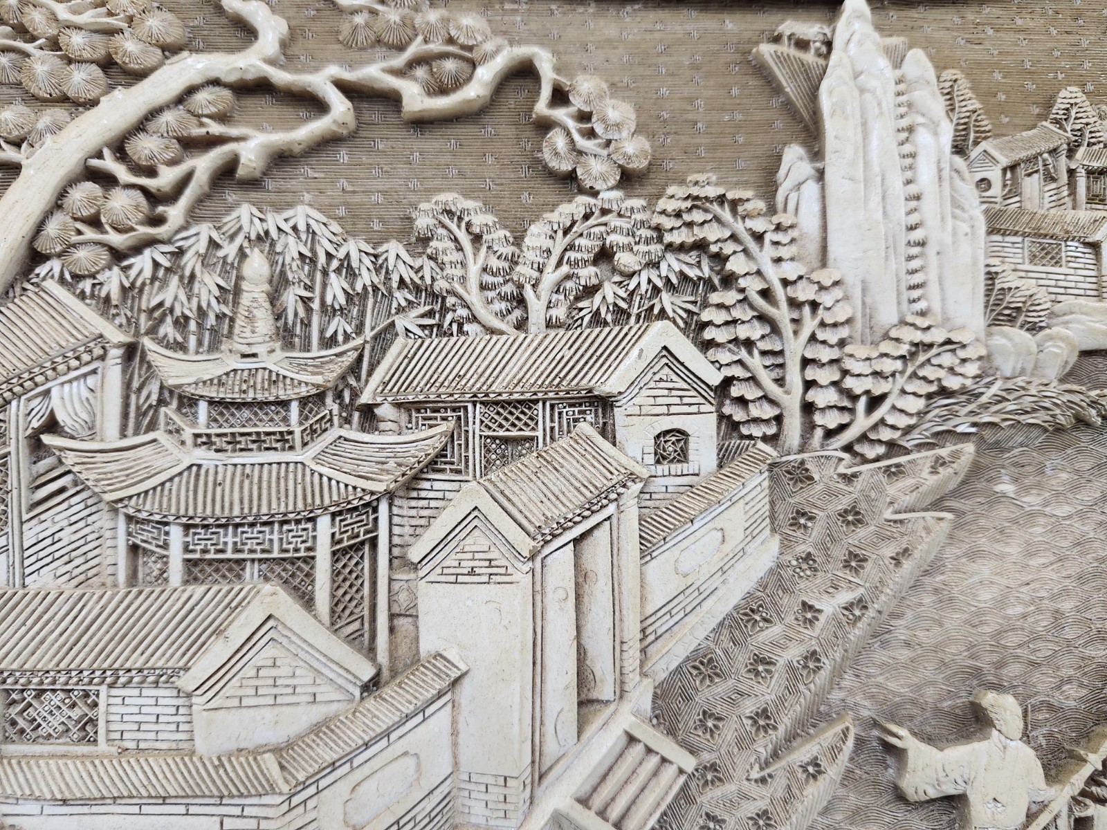Vintage Asian Carved Look Resin Tray Landscape Figures Scene 14″ x 12″ Chinese