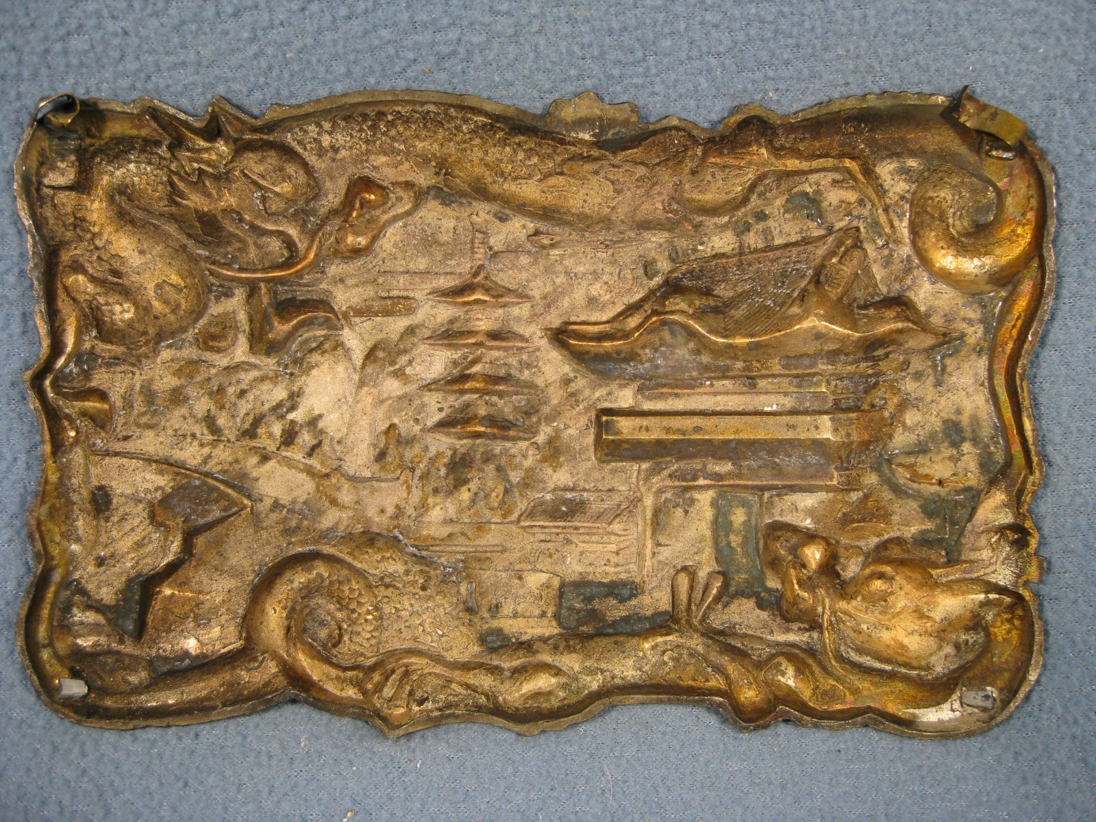 Vintage Chinese Wall Art Jewelry Box Lid with Dragon’s Antique 7″L X 4 1/2″