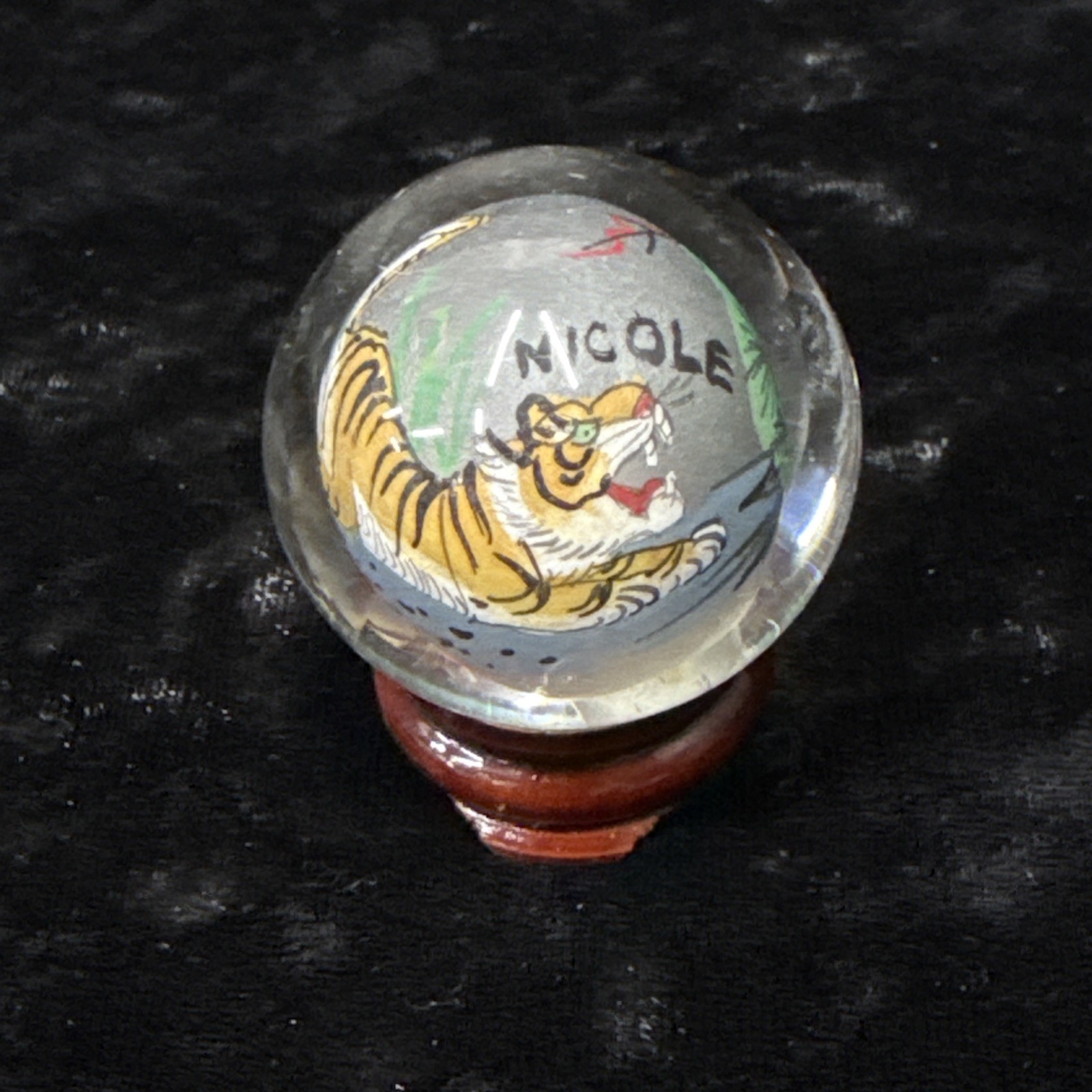 Chinese reverse painted Glass Ball Sphere Orb Tiger w/Stand 1 3/4″ x 1 1/2″