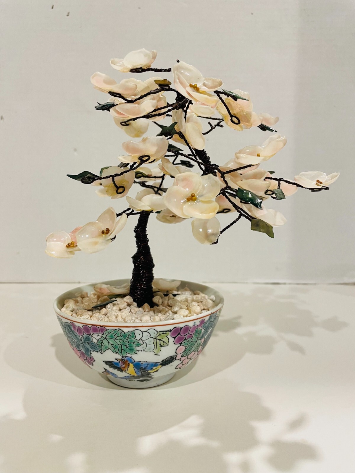 Chinese Pink Seashell & Green Glass 8″ Bonsai Tree in Cloisonné Pot