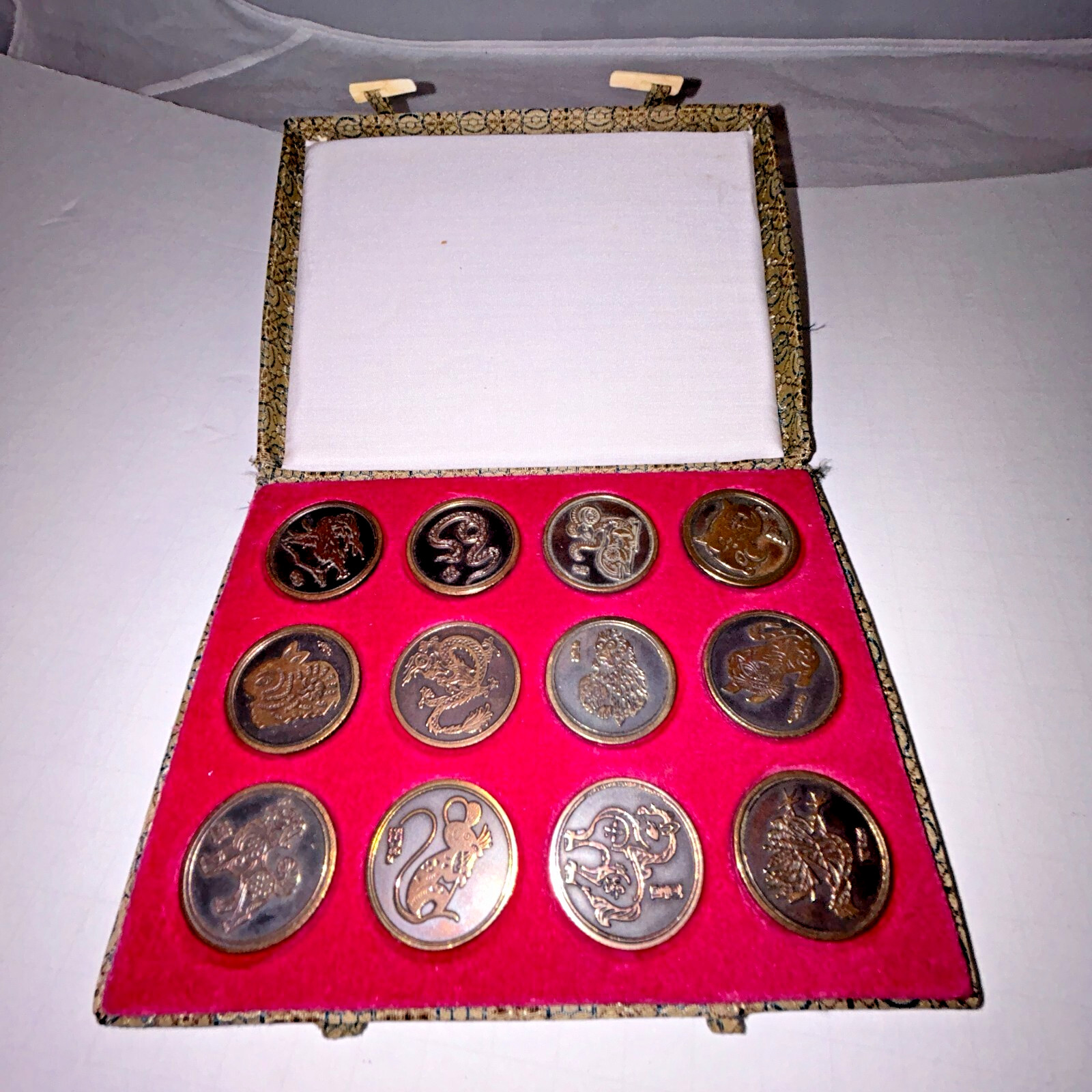 Chinese Zodiac Metal Coins Collection Antique Brass Historical, Silk Box