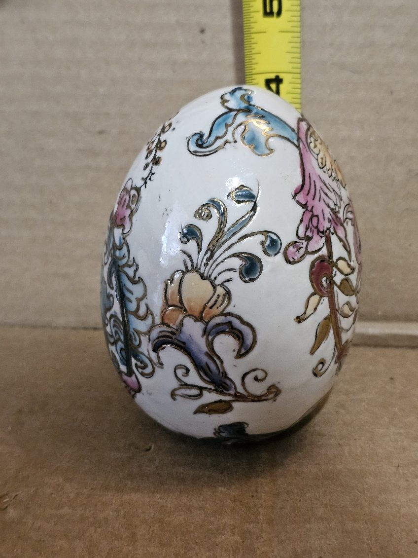 Vintage 4.5×3 Inch Chinese Porcelain Egg Textured Hand Painted With Gold Trim