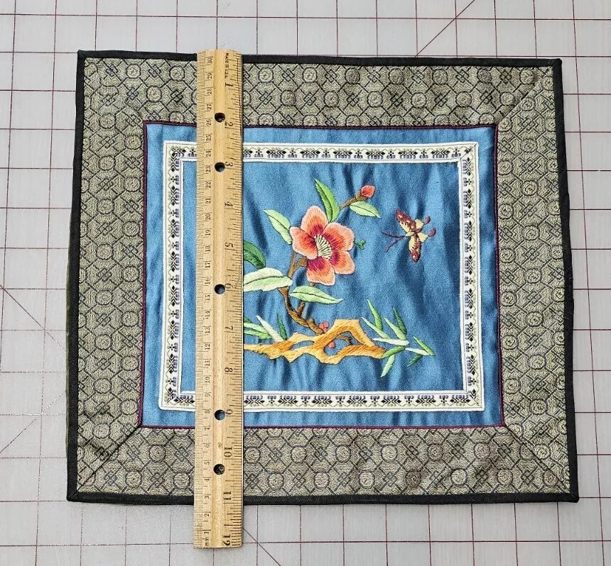 Vintage Chinese Silk Hand Embroidered Tapestry – Orange Flowers, Blue Background