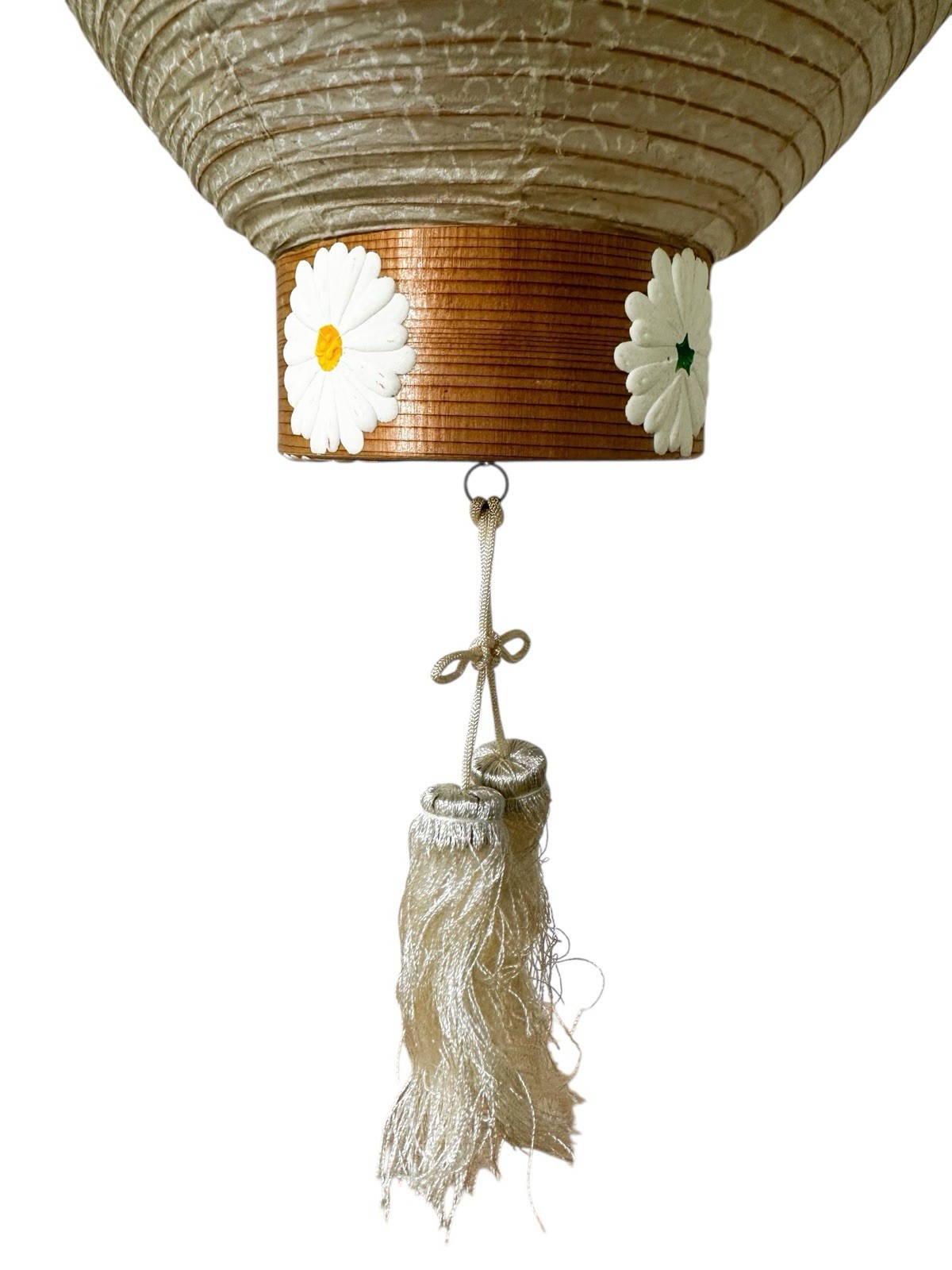 Vintage Chinese Paper Lantern White Daisy Floral Tassels Large Neutral