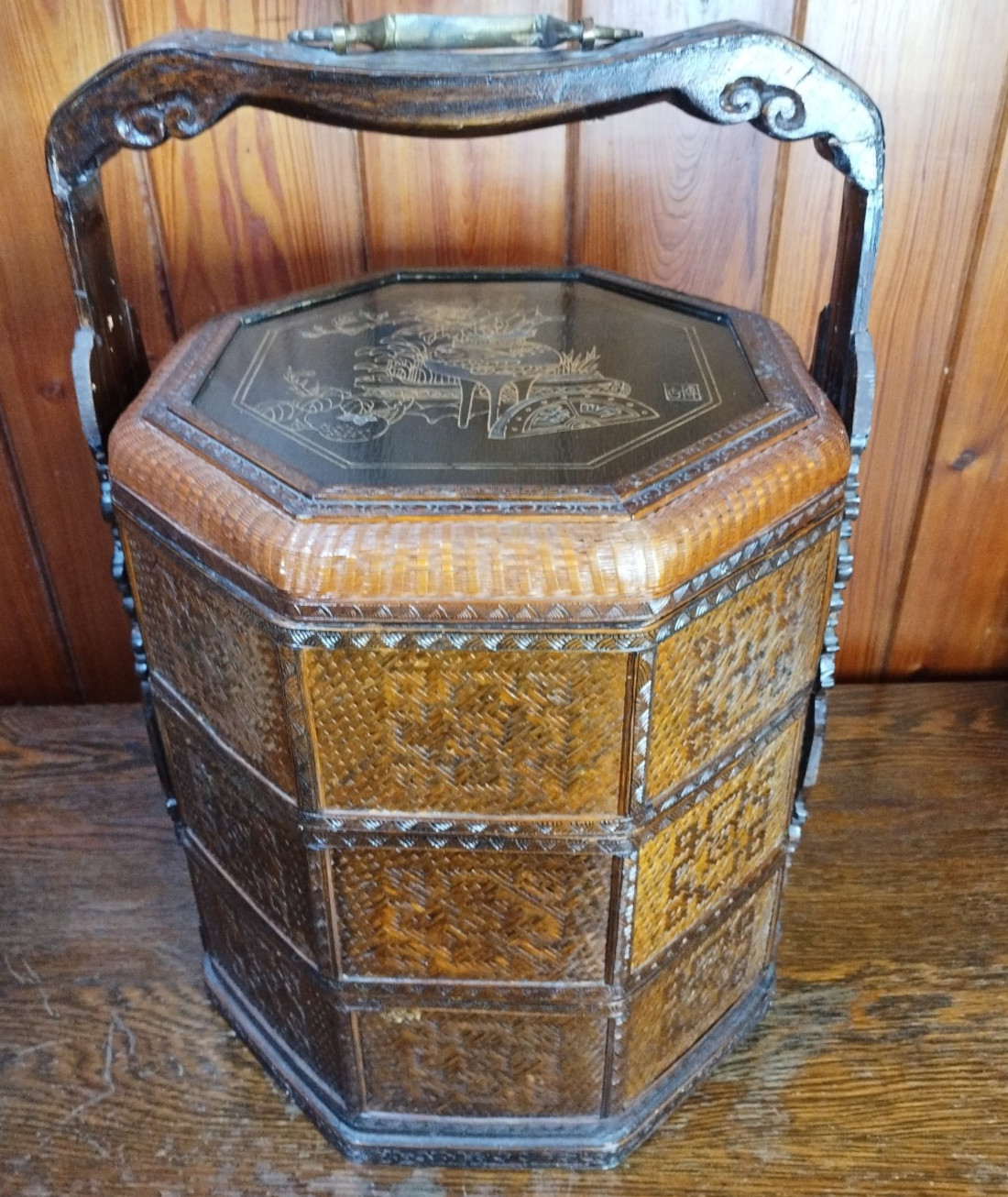 Wedding Basket Betrothal Wicker Chinese Lacquer Wood 3 Tier Octagon 20″ Tall