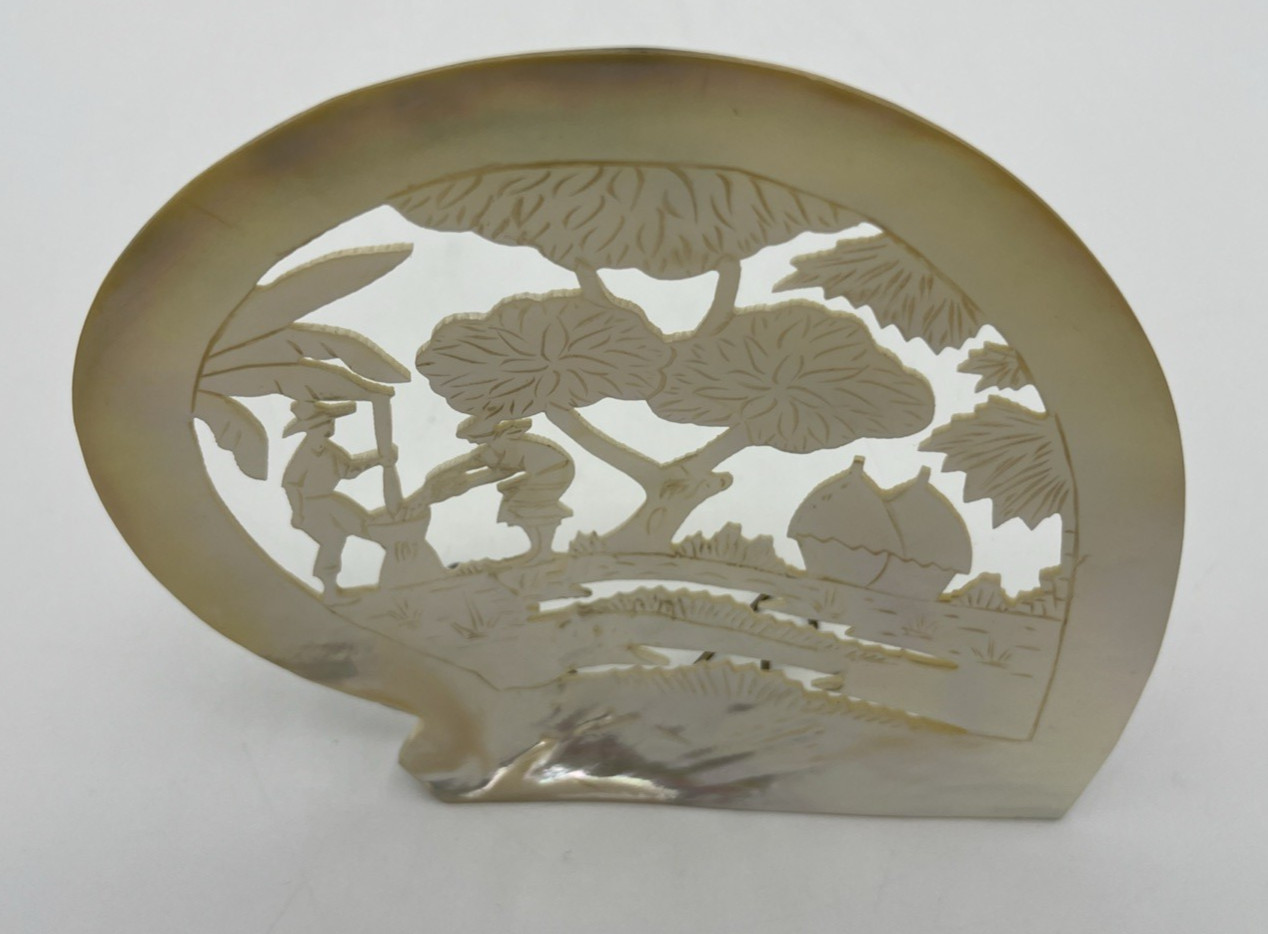 Carved Mother of Pearl Shell Asian Scene with Stand 6″ Tall