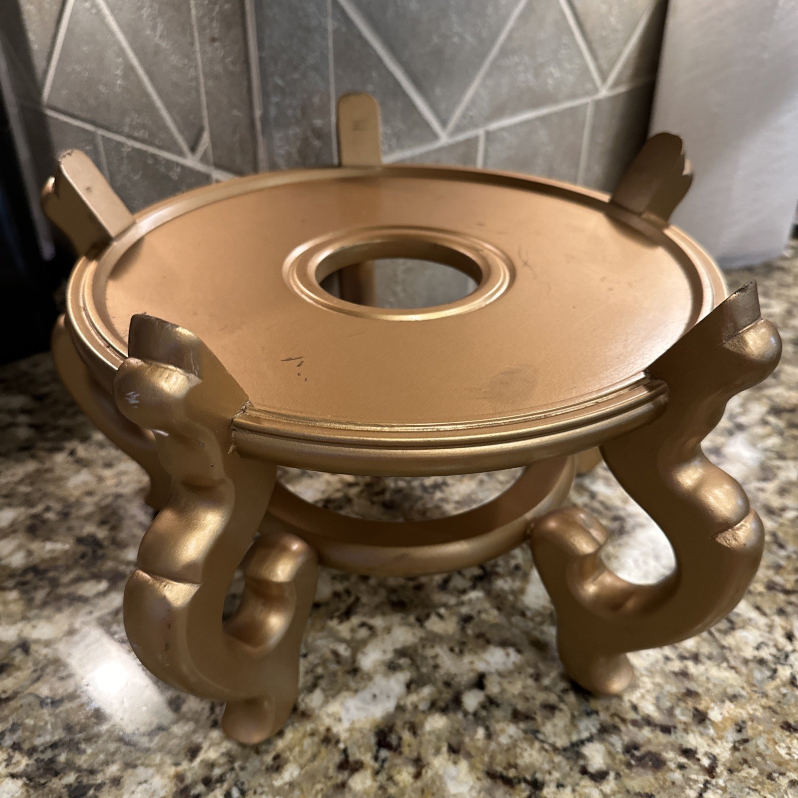 Vintage Large Chinese Golden Wood Stand 10” Diam For Urn Plant Fish Bowl
