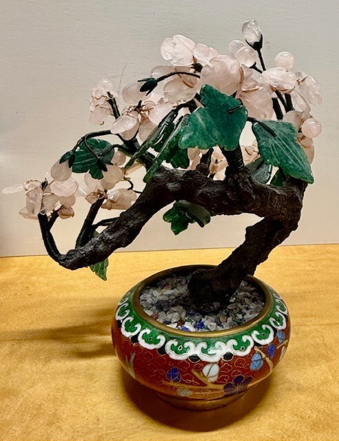 Chinese Quartz & Jade Flower Tree in Cloisonne Pot Vintage Bonzai for good luck