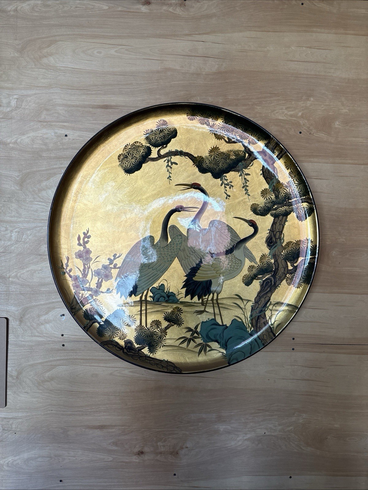 Vintage Chinese Lacquered Wood Painting Crane with Pine tree Display Tray