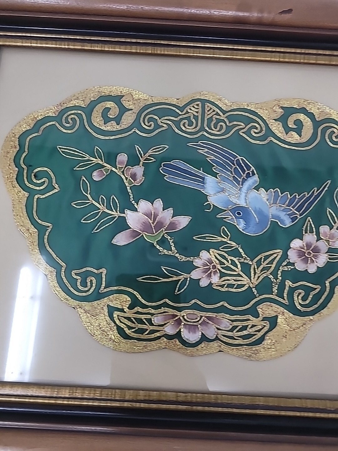 Two Framed Vintage Golden Cloud Green Chinese Hand Embroidered Panel