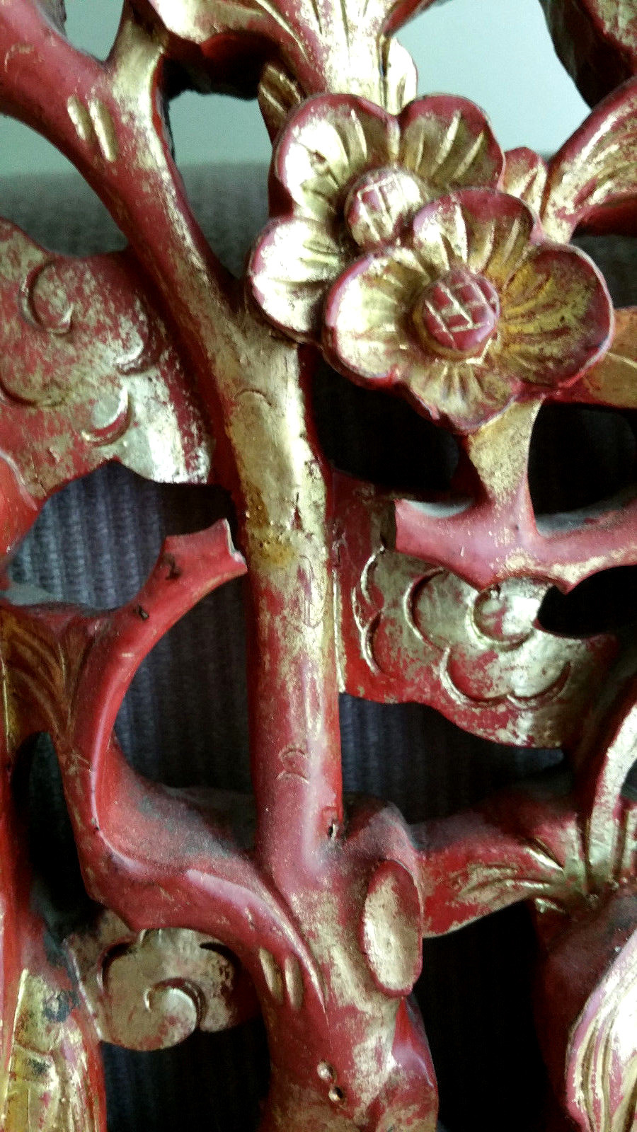 ANTIQUE CHINESE CARVED WOOD Wall Furniture PANEL Gold Red