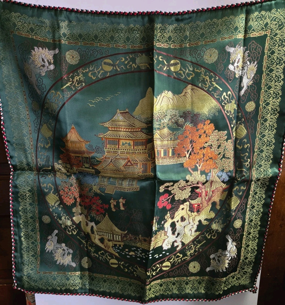 SET OF 2 Vintage Chinese Silk Brocade Pillow Covers – Vert GREEN Landscape 21″
