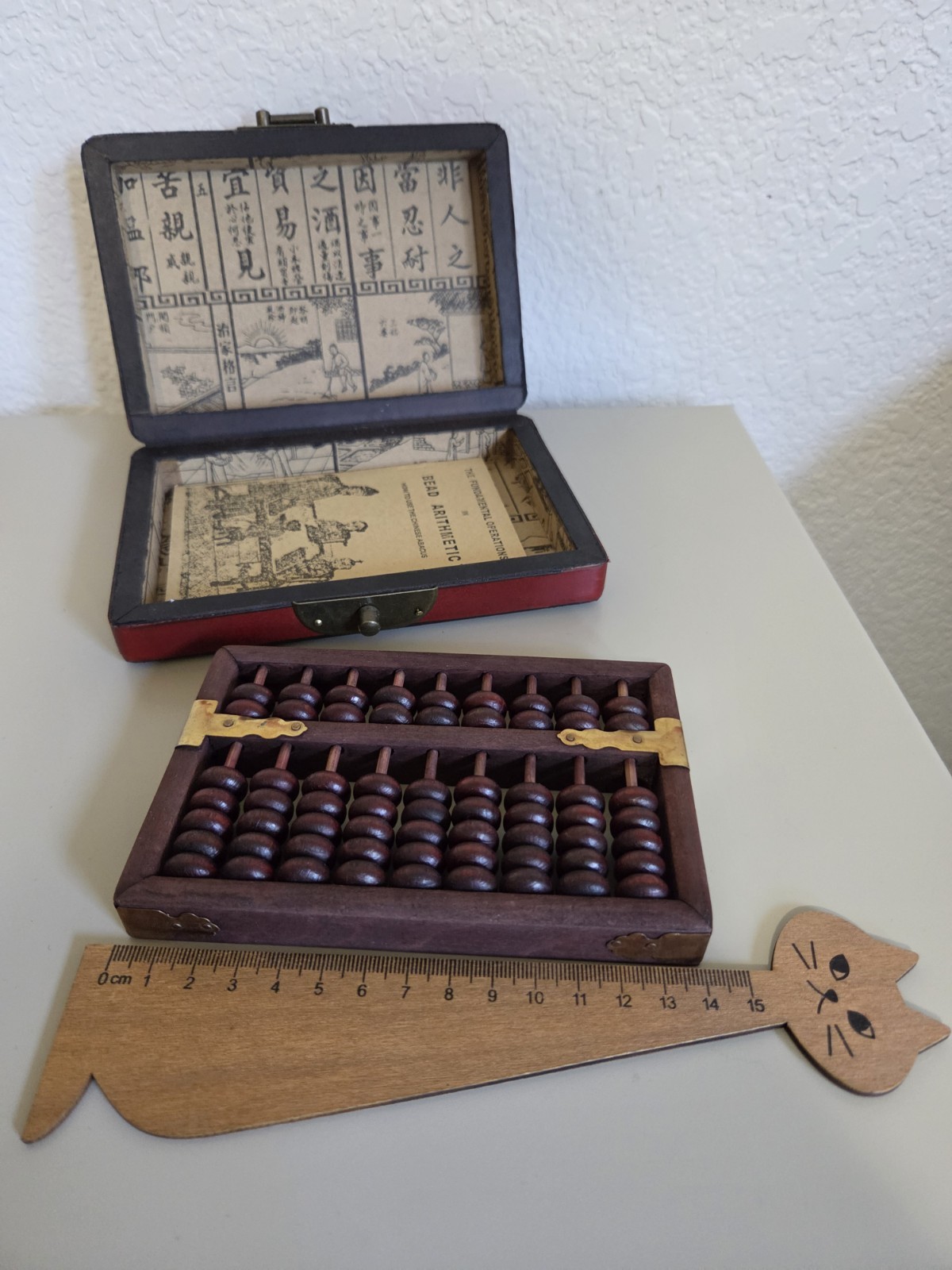 Vintage Chinese Abacus 2:5 Beads w/ Red Phoenix Dragon Brass Wood Box + Booklet