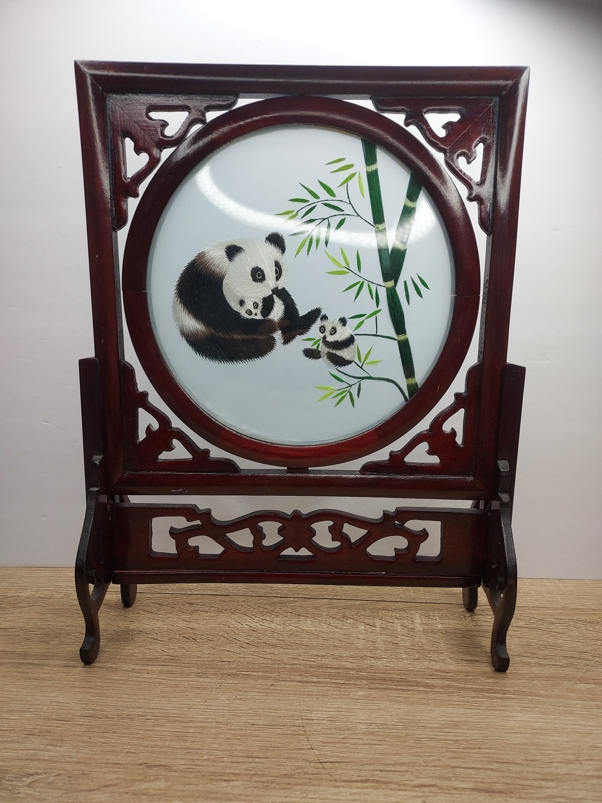 Vtg Chinese Panda Silk Embroidery Convex Glass Ornate Wood Frame Double Sided