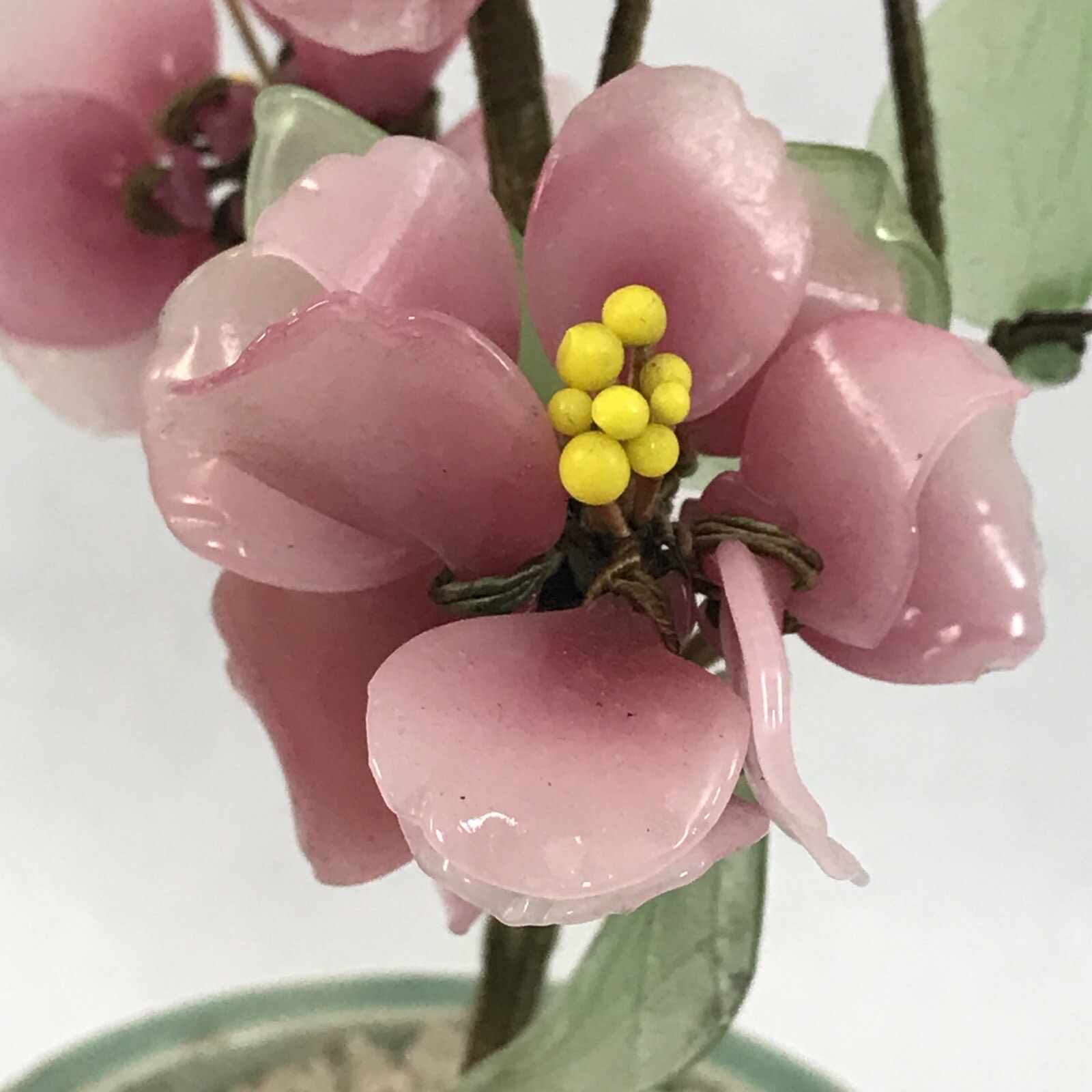 Pink Flower Decorative Asian Style Jade Glass Flowers Bonsai Plant Celadon Pot