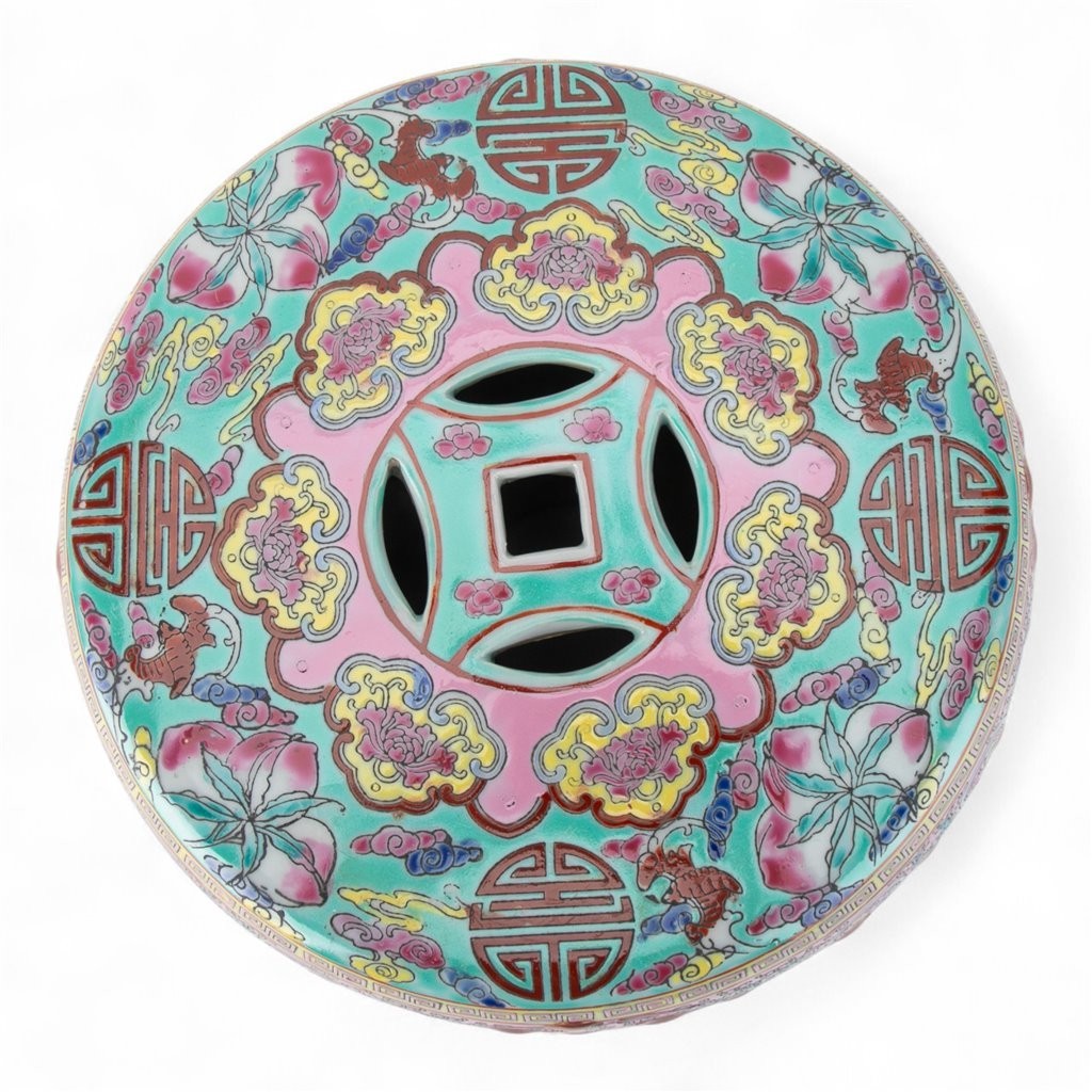 Blue Green and Peach Porcelain Garden Stool- 12″ x 15.75”H