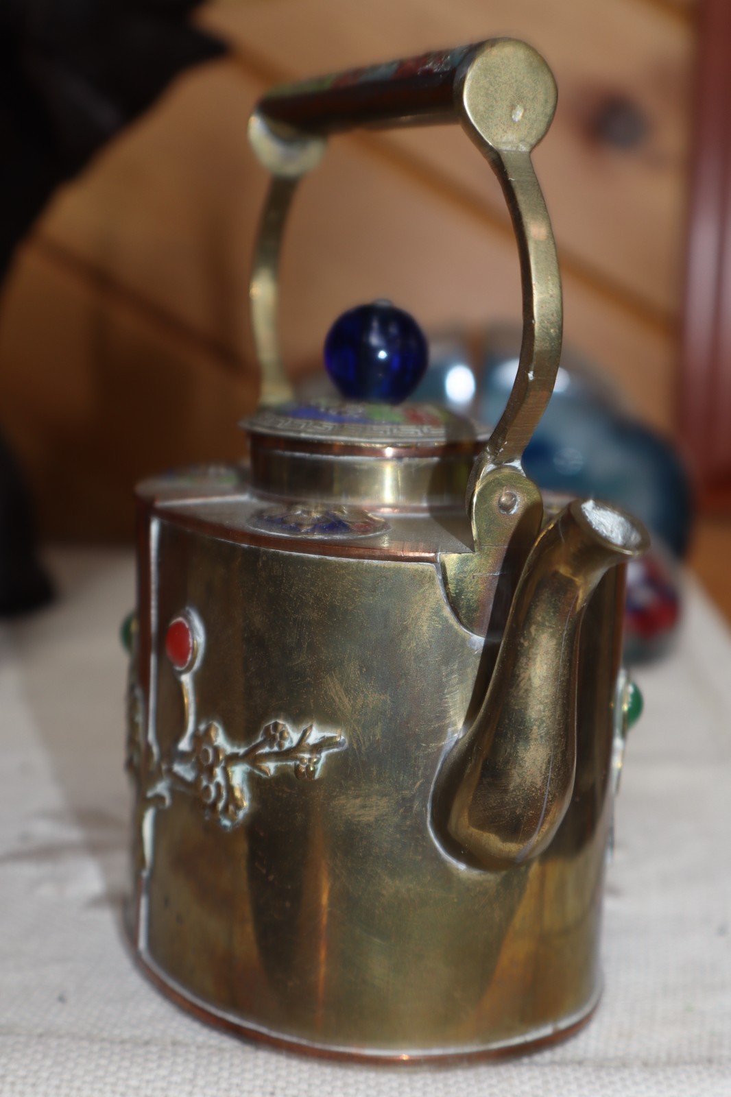 Brass Copper Ornate Tea Pot w/ Blue Glass Knob & Colored Stones – Marked China
