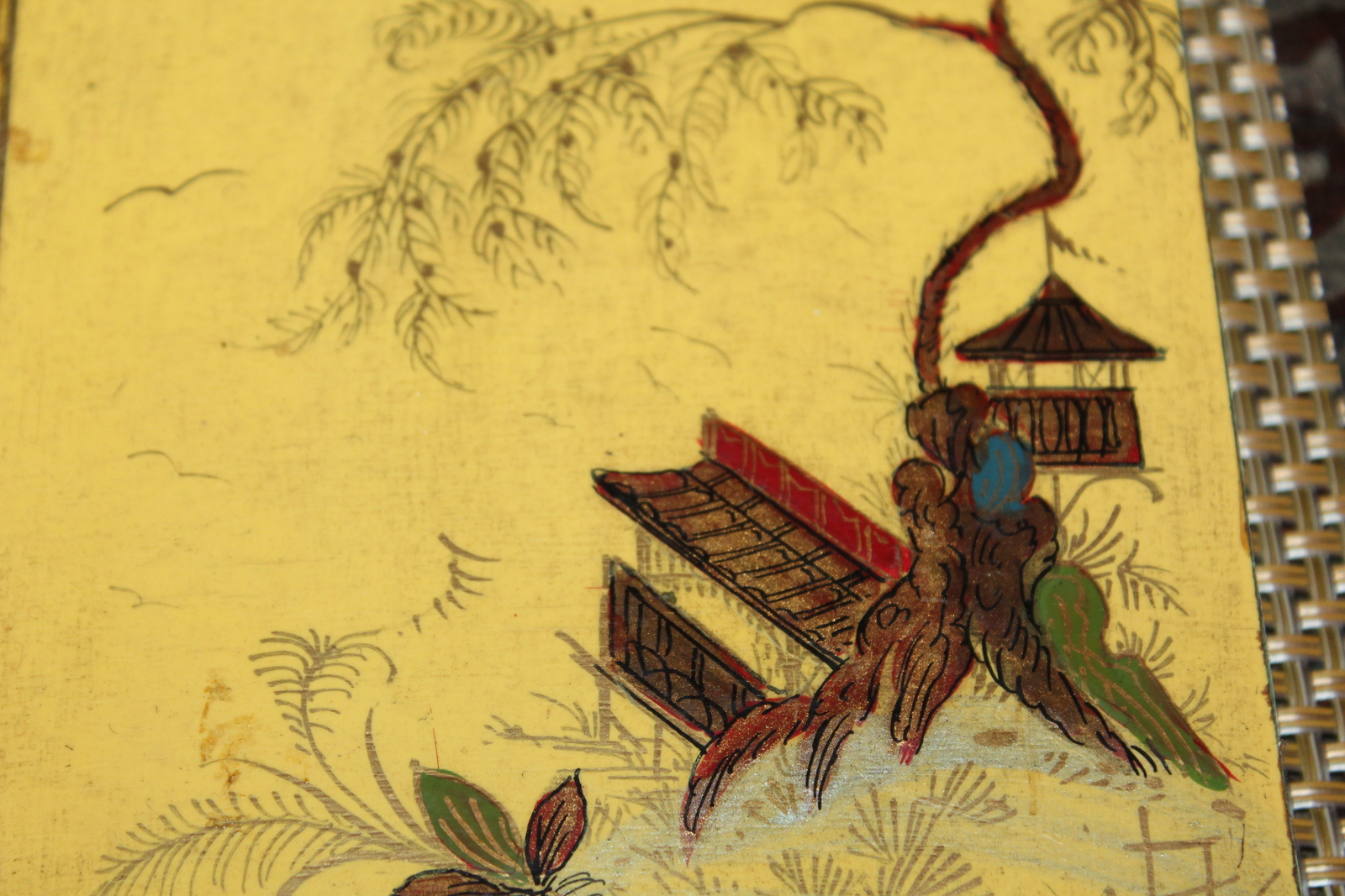 Pair Chinese Wood Painted Furniture Panels Village Trees