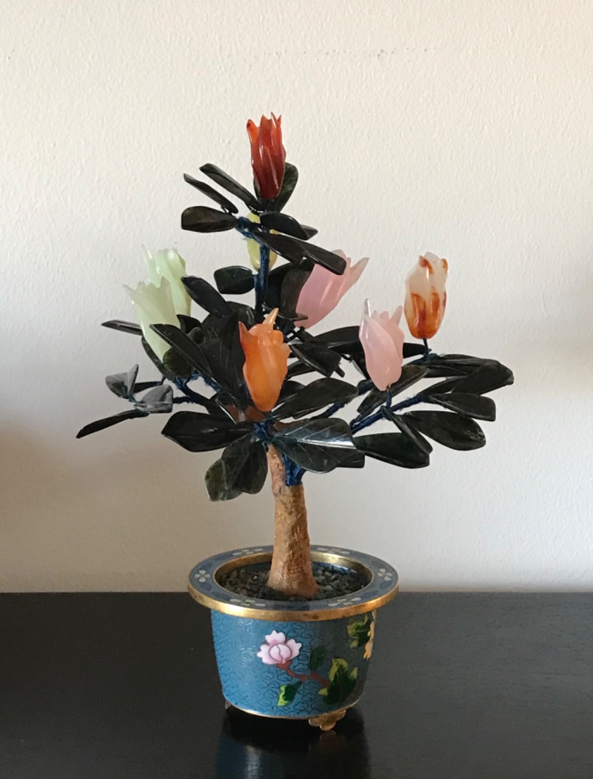 Chinese Vintage Jade Buddha’s hand Tree in Cloisonne Pot 10.5″ Inches Tall