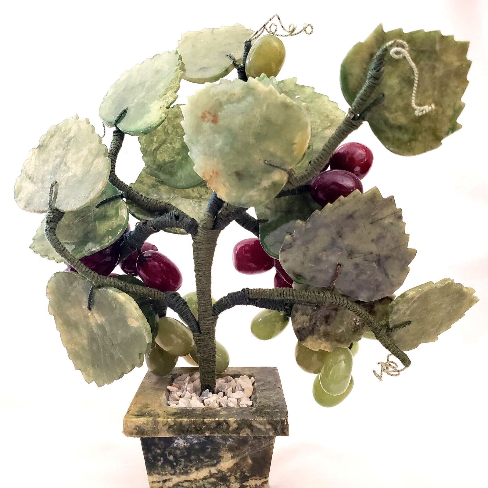 Jade Bonsai Grape Vine Tree Studio Art Carved Stone in Marble Planter 9″ Vintage