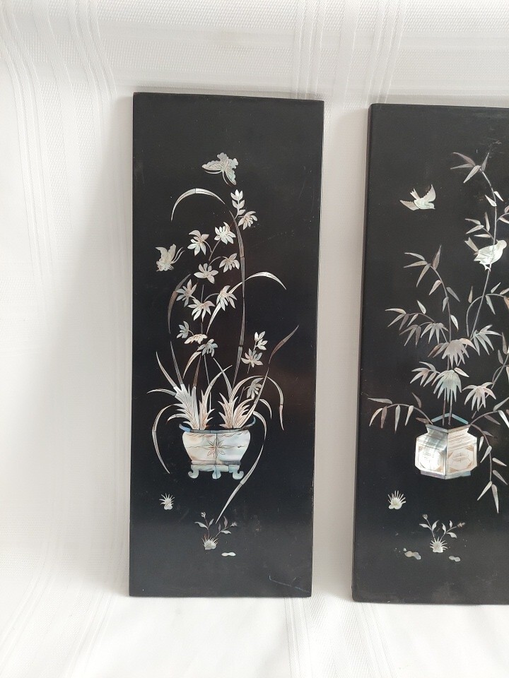 2 VTG Asian Mother of Pearl Floral Birds & Butterflies Wall Panels 15″x6″ (U14)
