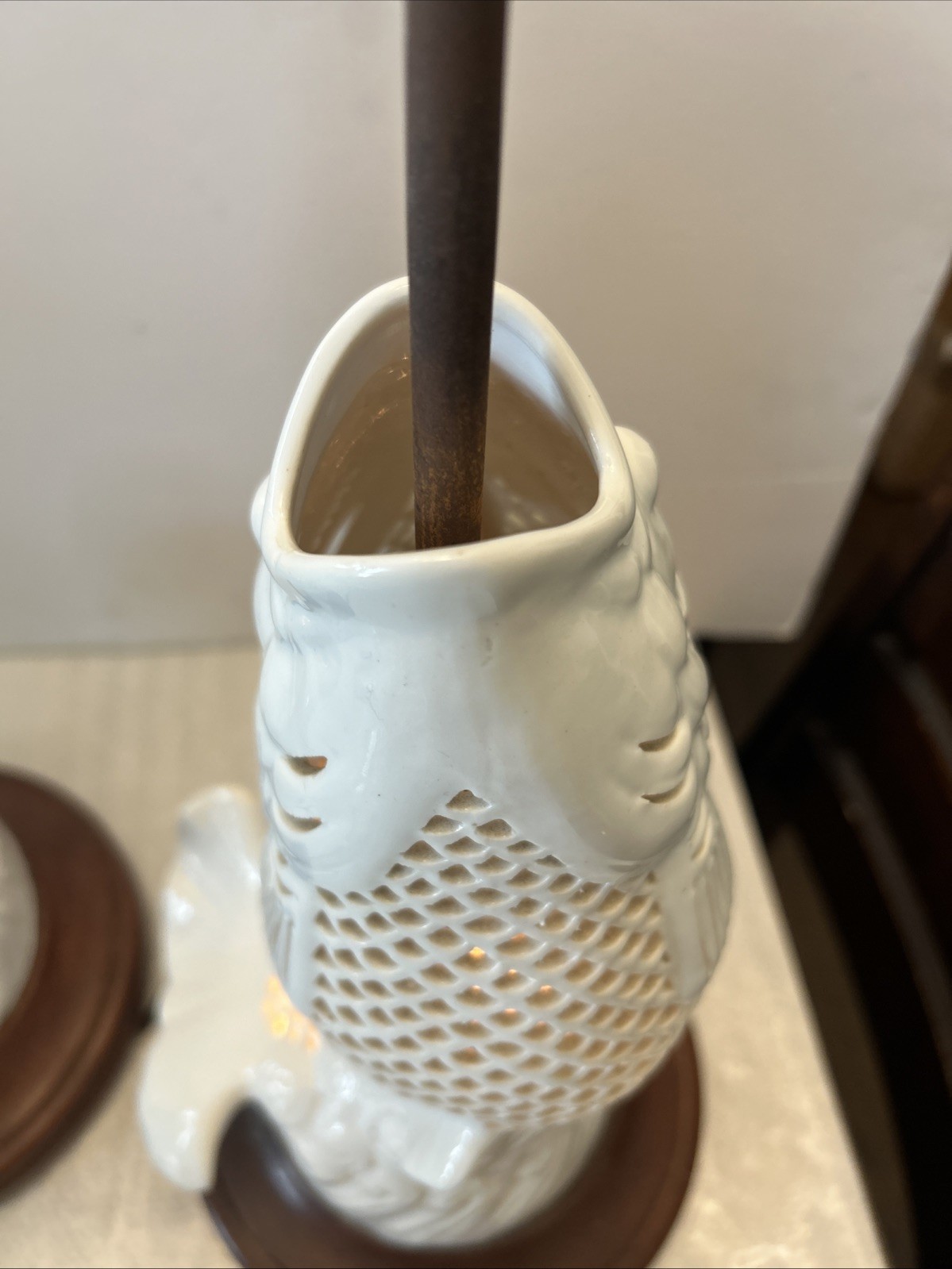 2 Reticulated Porcelain Lamps Blanc De Chine White Koi Carp Fish Japan Vintage