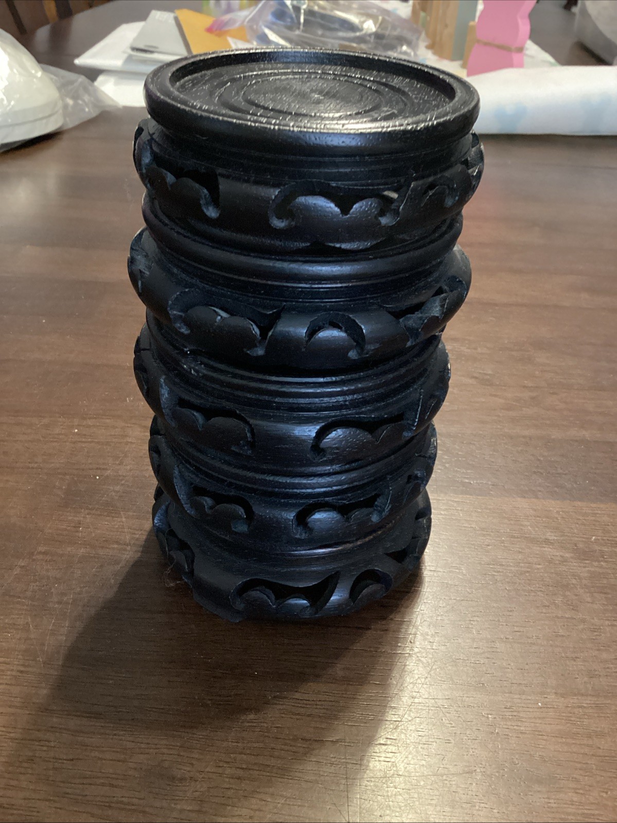 Chinese Hand Carved Wooden Round Display Stand Lot Of 5