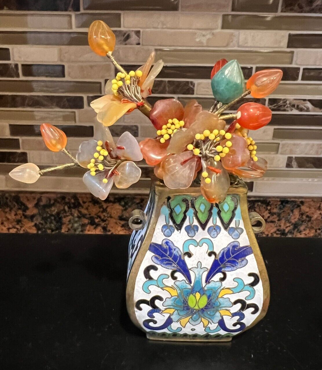 Miniature Antique Chinese Carnelian Quarts Jade Flower Tree in Cloisonne Pot