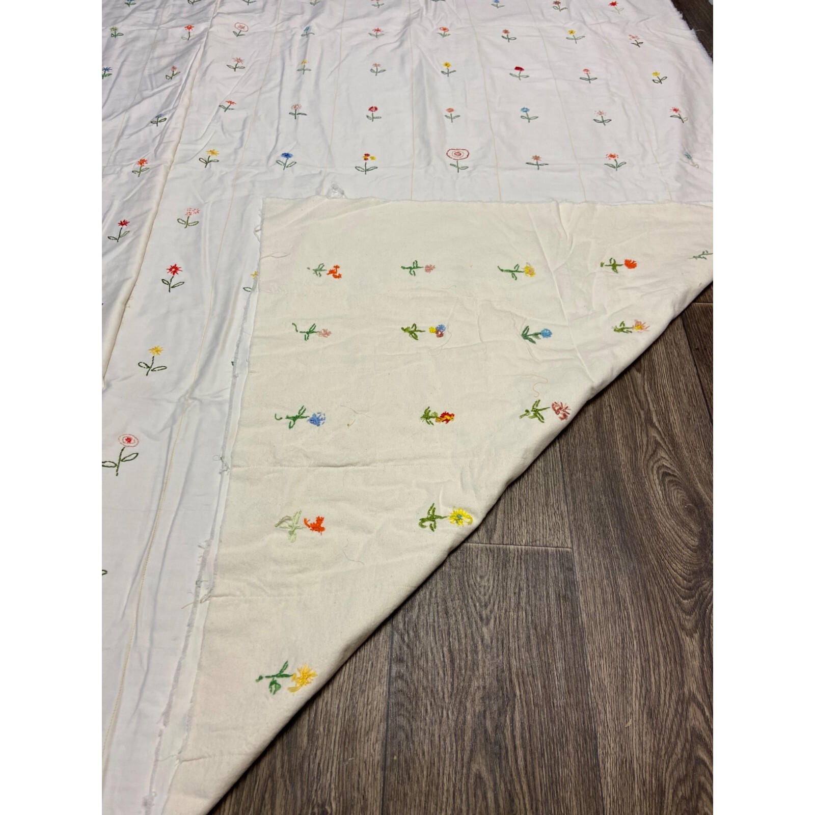 Vintage Unfinished Hand Embroidered Double Cotton Flannel Fabric Bed Cove 82″X79