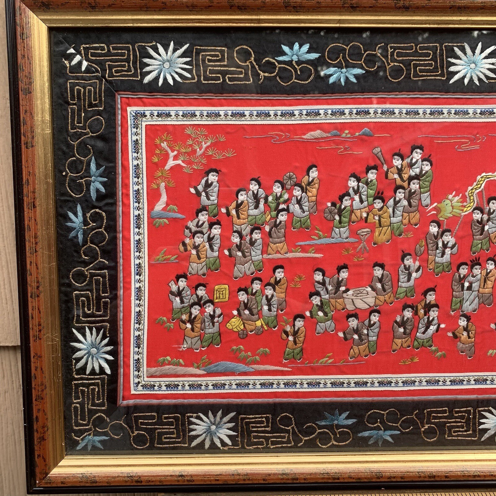 Chinese Silk Tapestry 100 Children At Play Embroidery Framed Art 14.5” x 27”