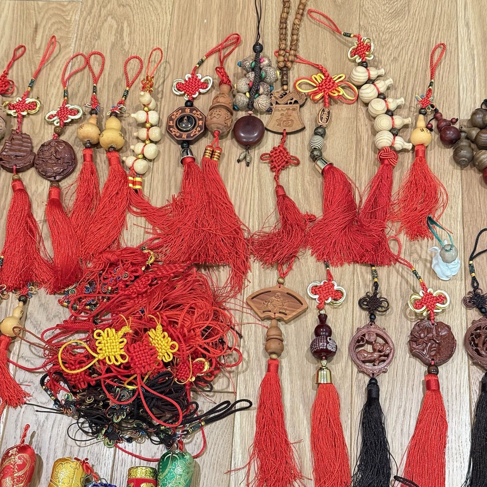 LOT OF Chinese Asian Good Luck Wall Hanging Wood Carve Porcelain Ornament Tassel