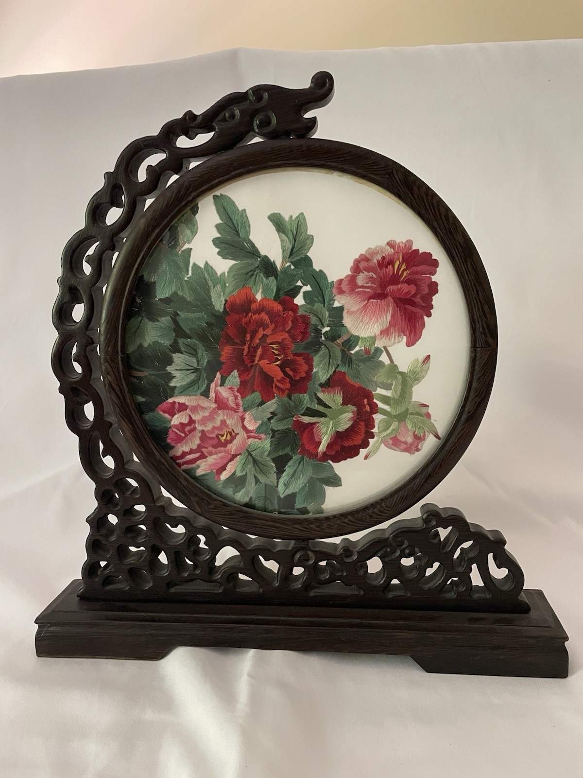 Vintage Chinese Double Sided Silk Embroidery Peony Flower Table Screen