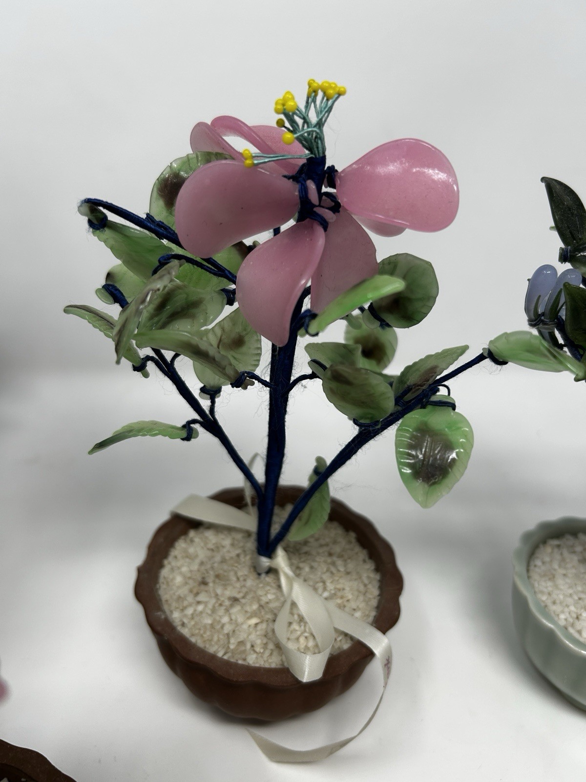 Vintage Chinese Jade Glass Bonsai Tree Lot of 7 Pink Quartz Flowers Pots⁠