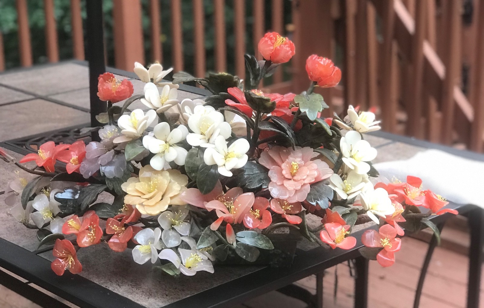 Vintage Chinese Bansai Pink / White Flowers-Jade Leaves /Jade Base -20 pounds