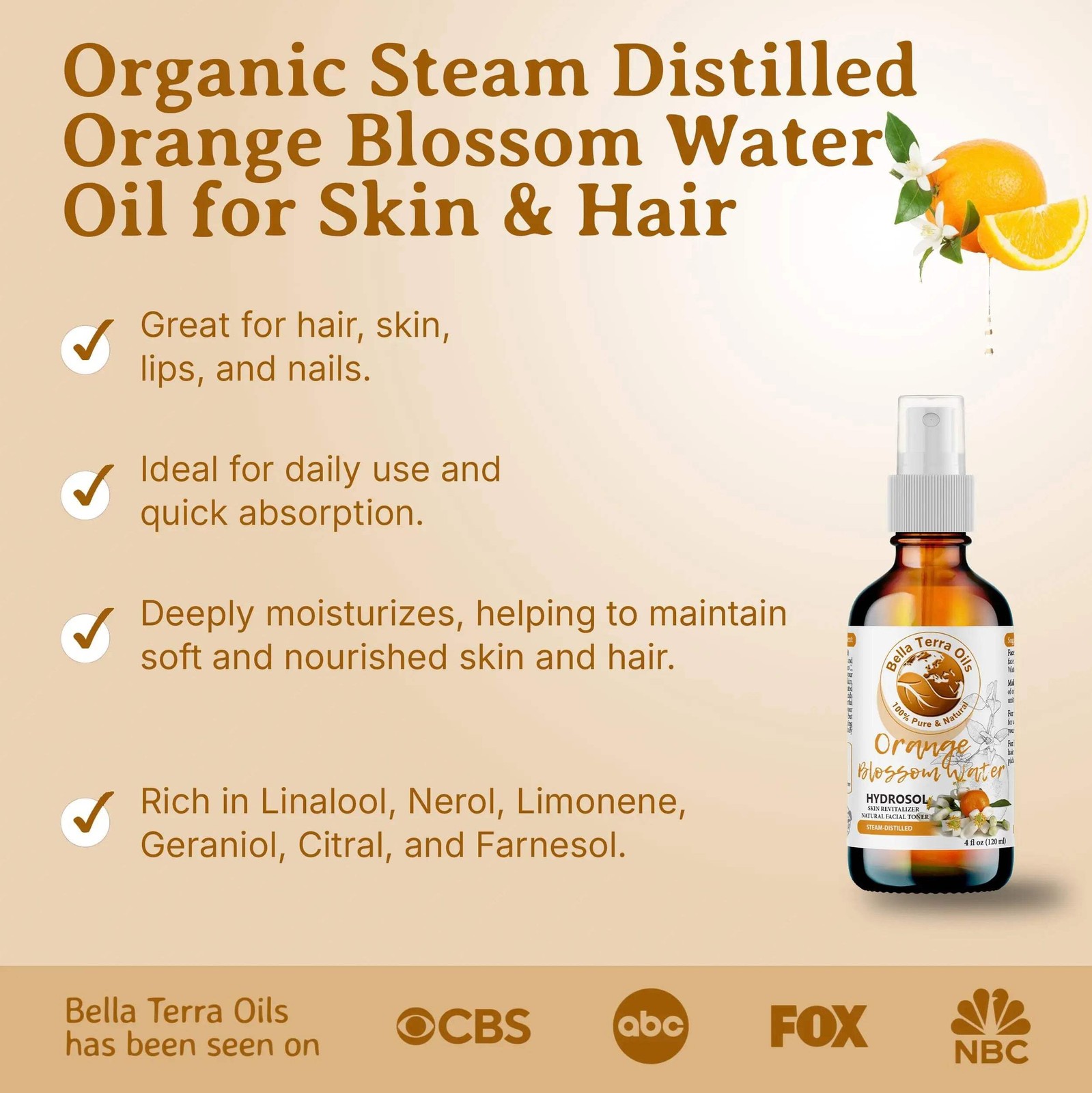Pure Neroli Orange Water Hydrosol 100% Natural Skin Hair Face Aromatherapy Toner