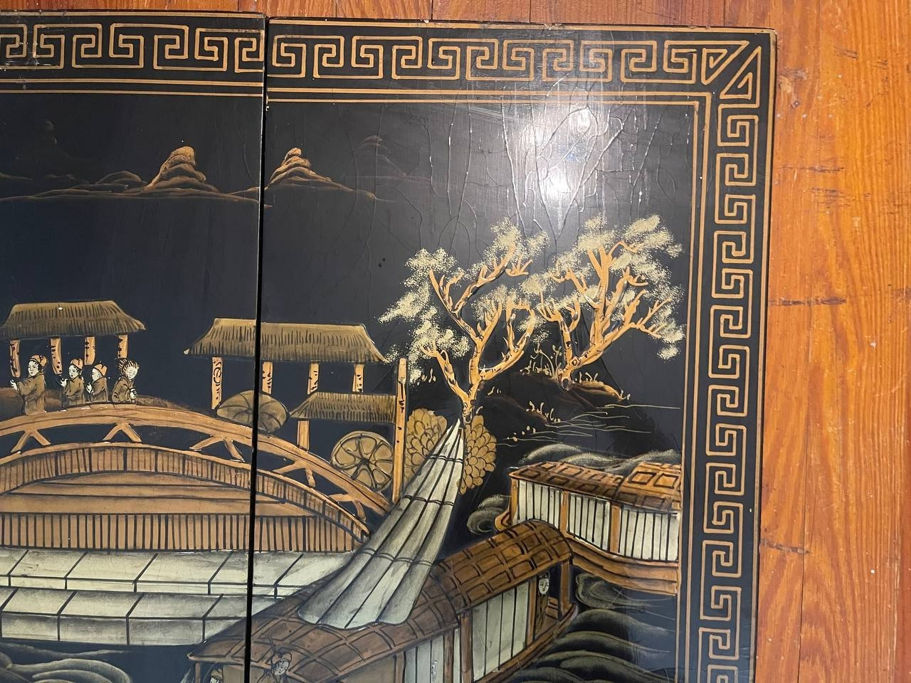 Vintage Chinese Hand Painted Lacquer Wall Panels Set of 4 Landscape Art – 4