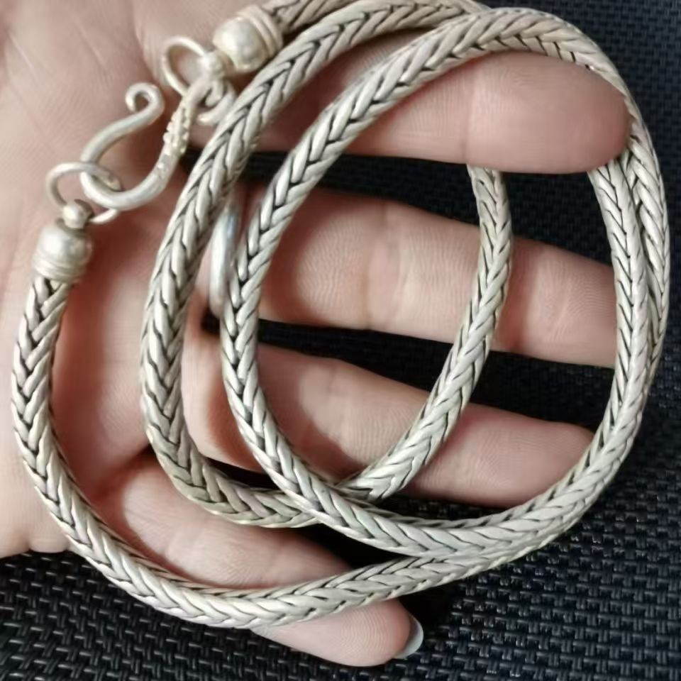 Vintage Tibetan Silver Necklace Braided Ethnic Chinese Antique Jewelry Gift