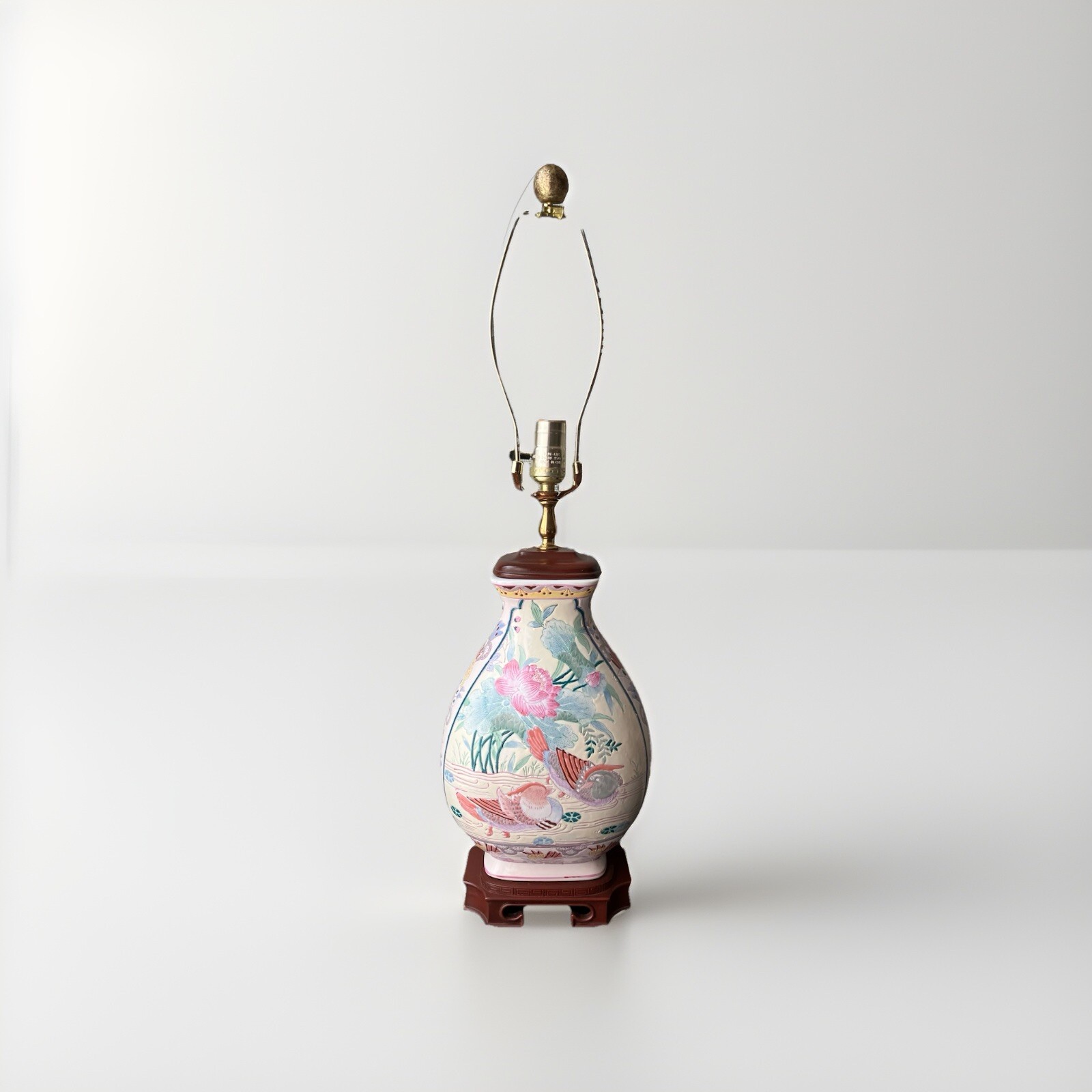 Vintage Chinese Porcelain Vase Lamp, Pink Chinese Mandarin Duck Design, Working