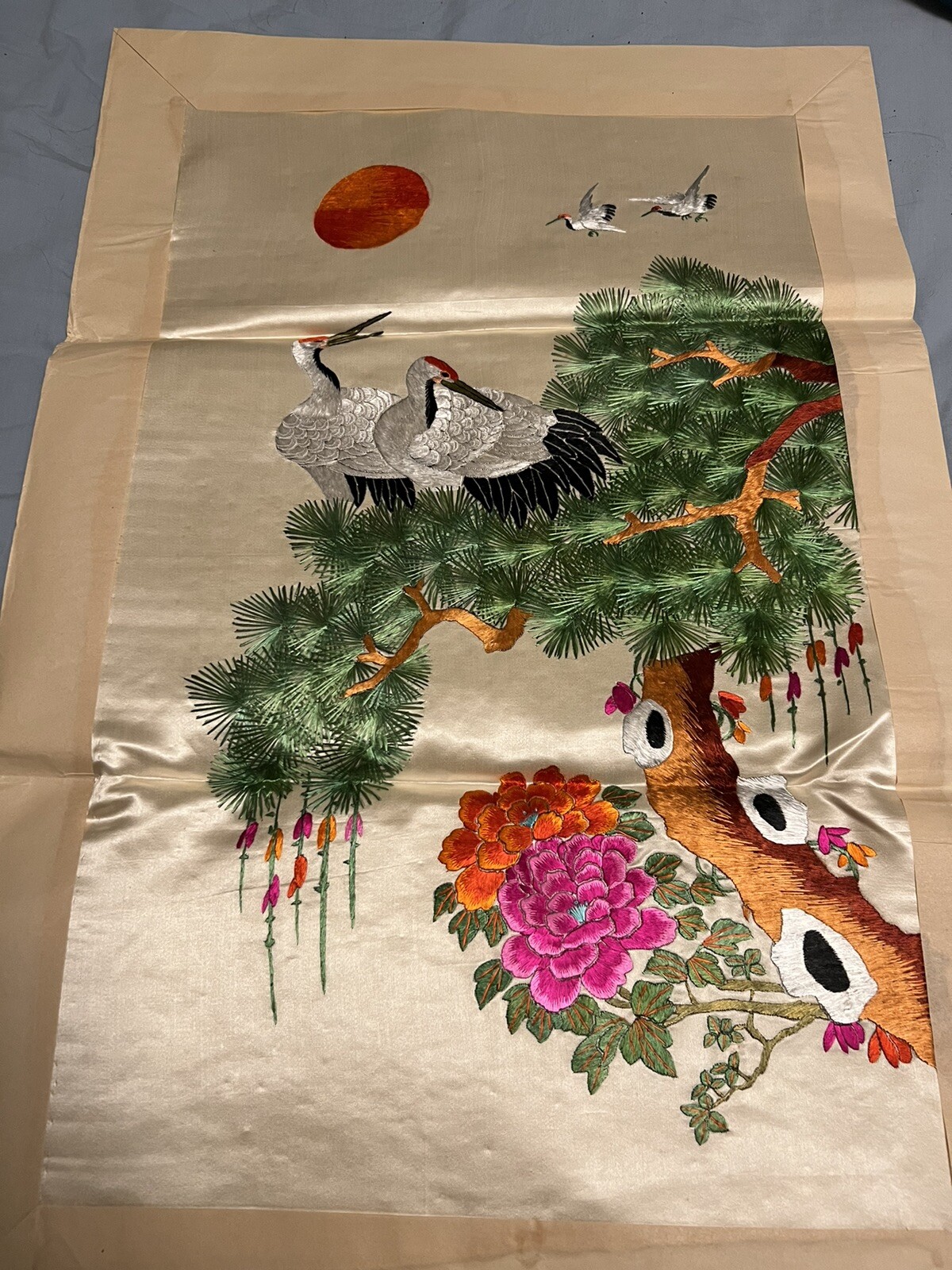 VTG HONG KONG EMBROIDERED SILK PANEL HERONS CRANES