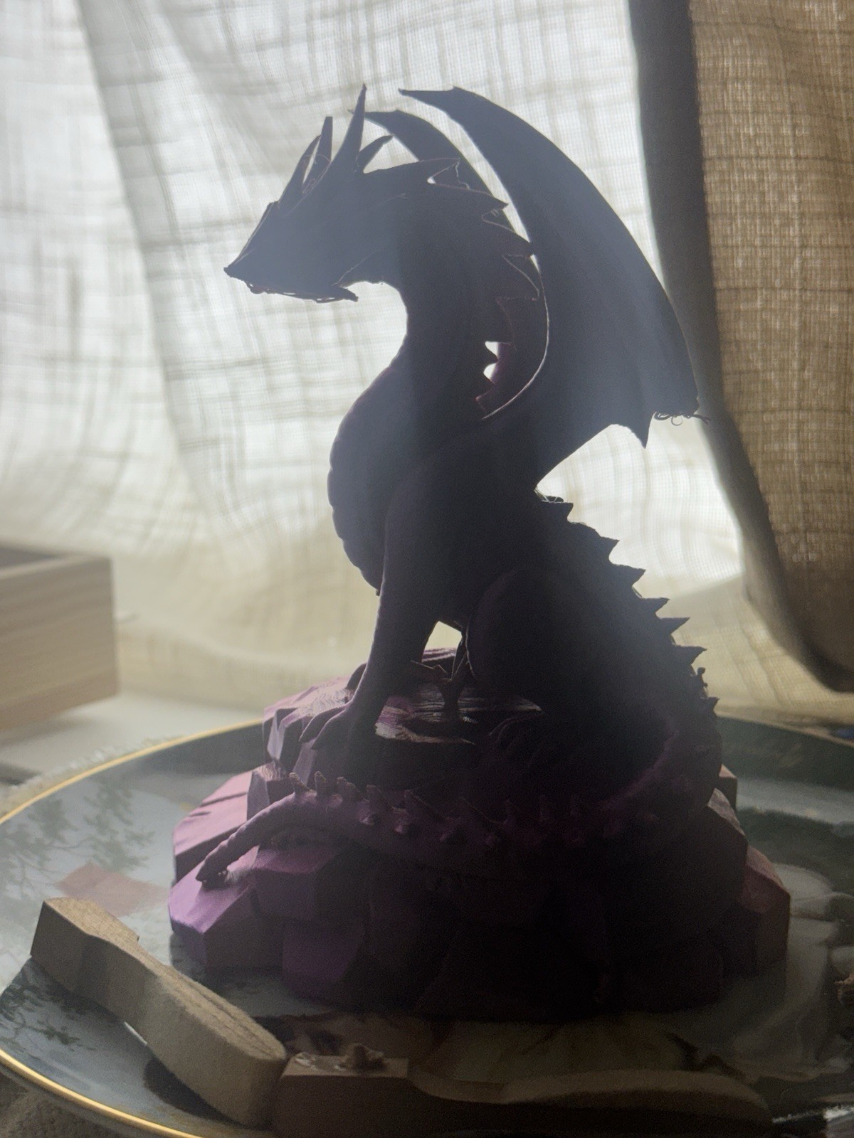 BICOLOR Dragon Figurine (Violet & Gold) Mouth Damaged! – H 6.5” × W 5” × D 4.5”