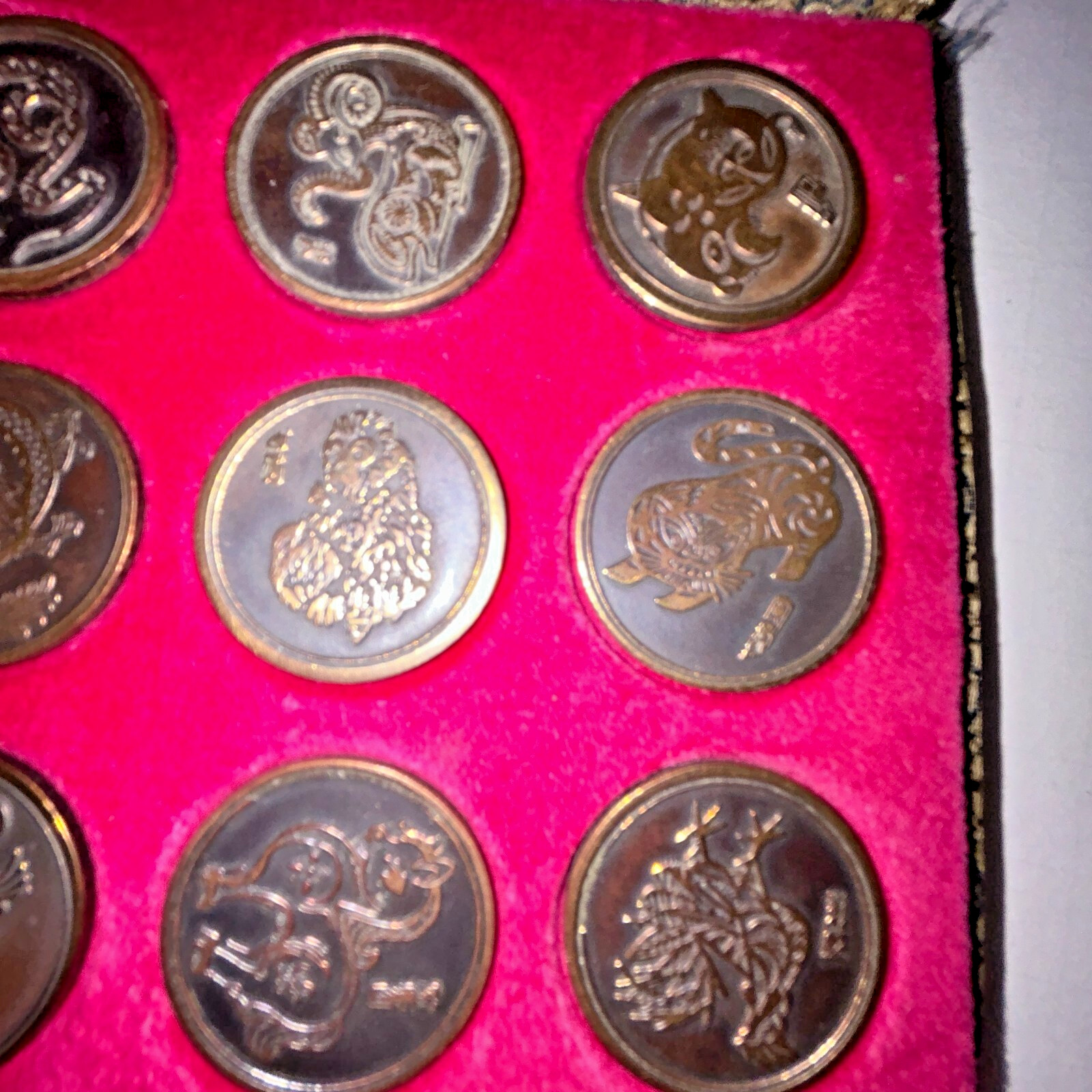 Chinese Zodiac Metal Coins Collection Antique Brass Historical, Silk Box