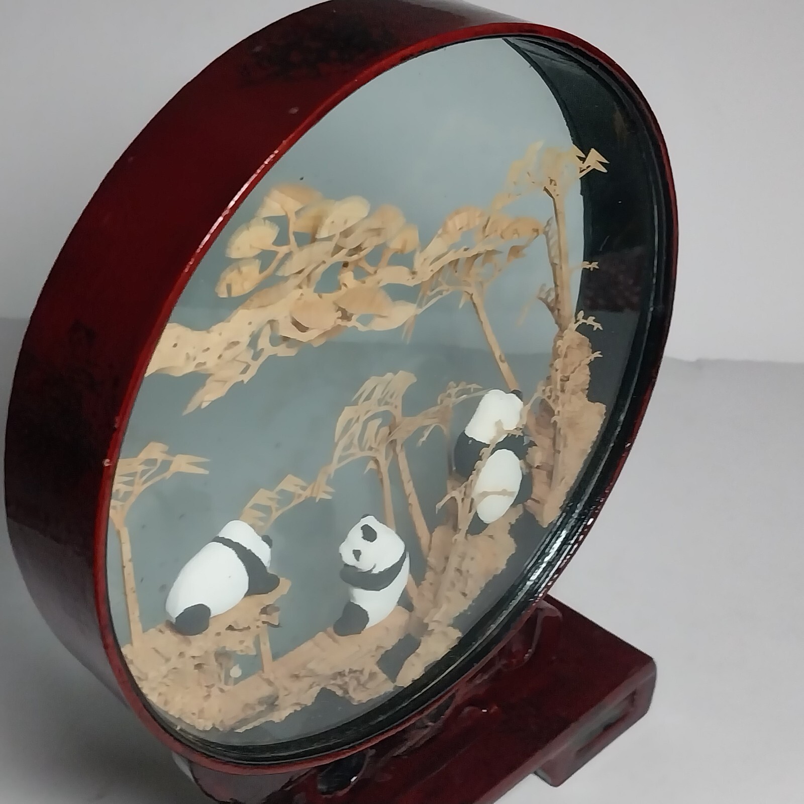 Antique Asian Carved Cork Framed Glass Diorama w/ Panda Bear Figures on Stand