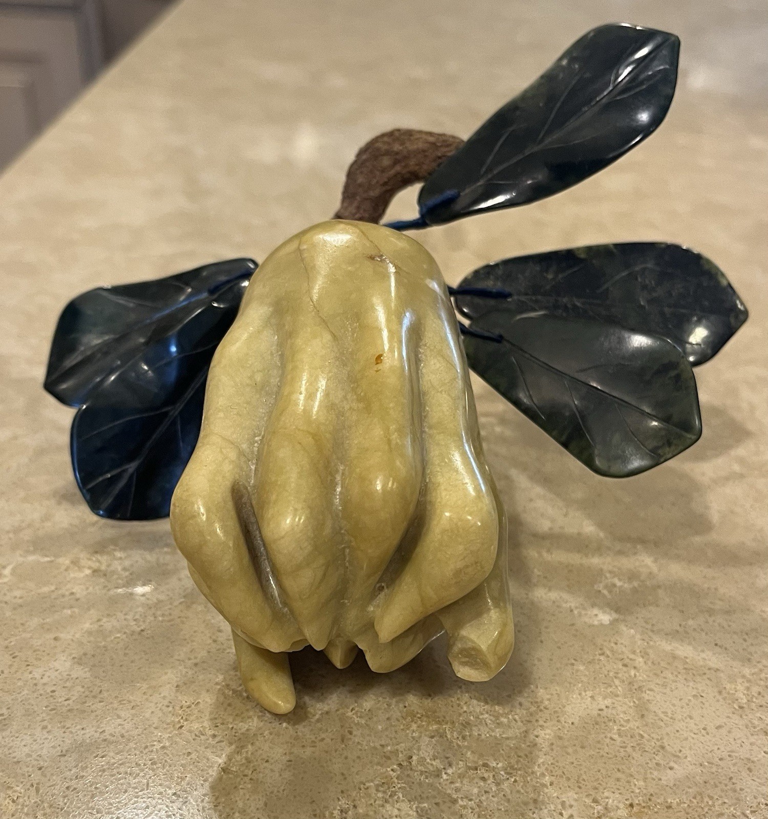 Vintage Chinese Dragonfruit Carved Hard Stone Light green with Dark Green Leaves