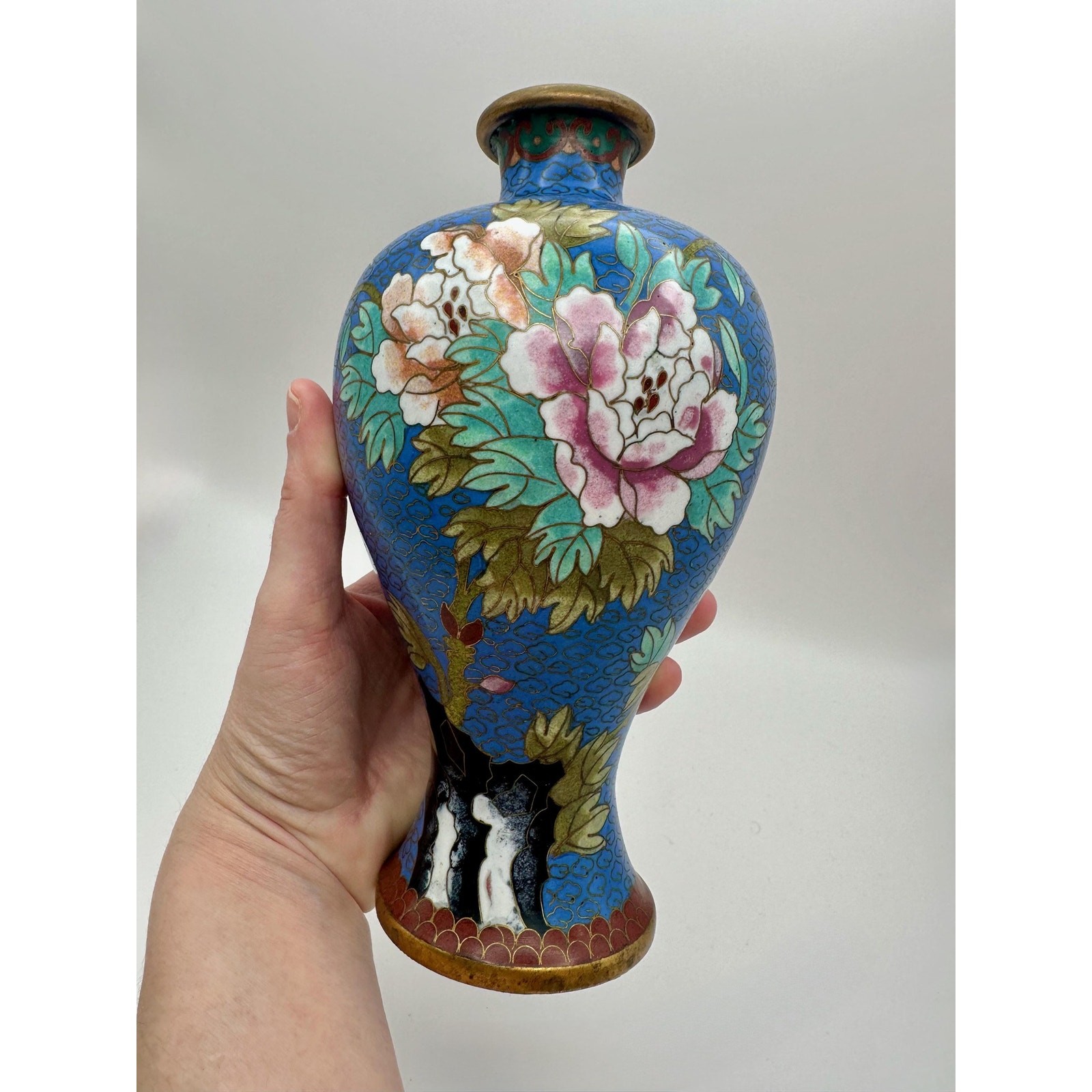 Vase Blue Chinese Cloisonné Pink Floral and Leaf Motif Brass Accents