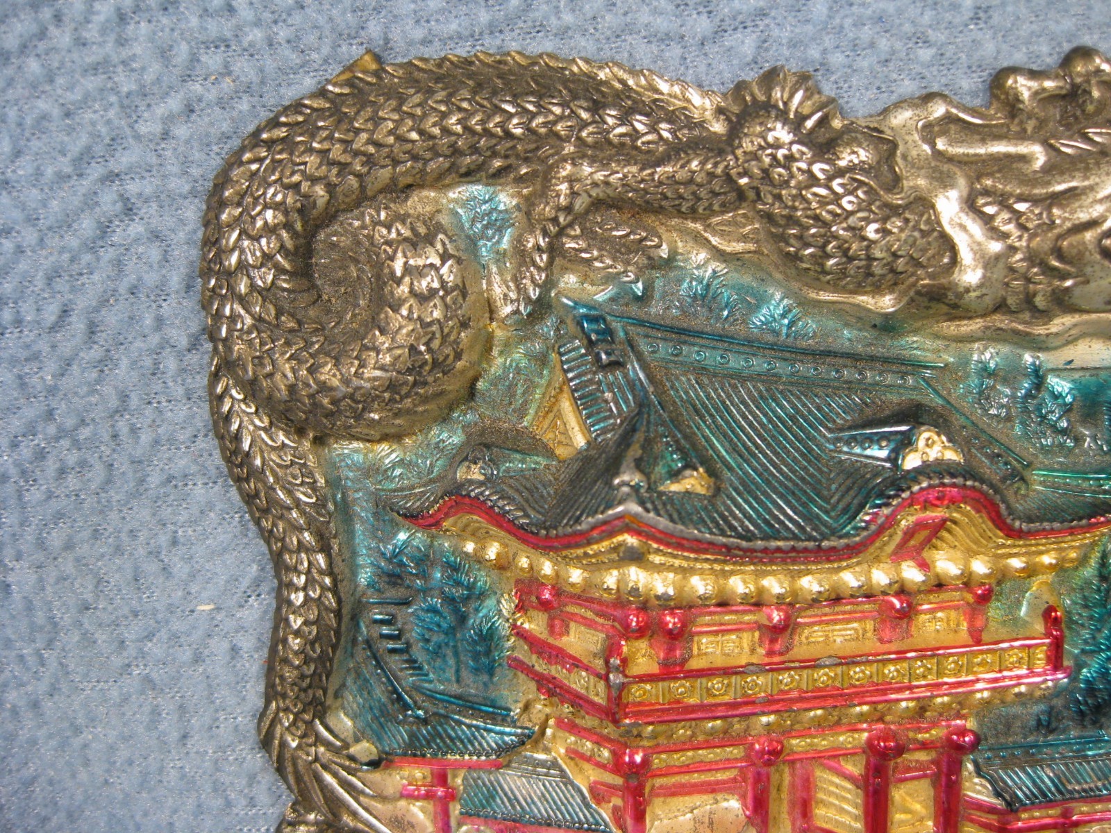 Vintage Chinese Wall Art Jewelry Box Lid with Dragon’s Antique 7″L X 4 1/2″