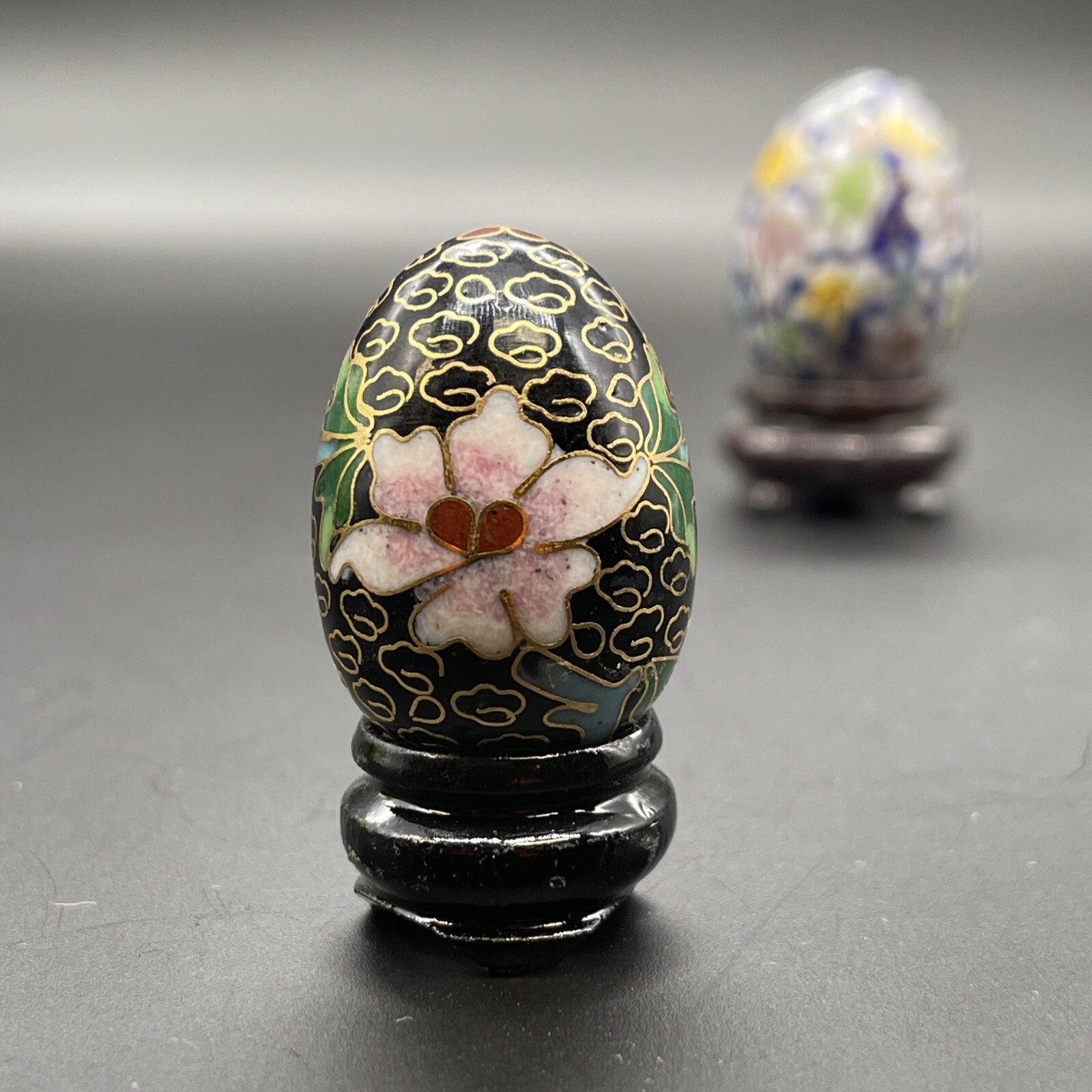 Cloisonné Eggs & Wooden Stands Floral Multicolor & Gold Design Small