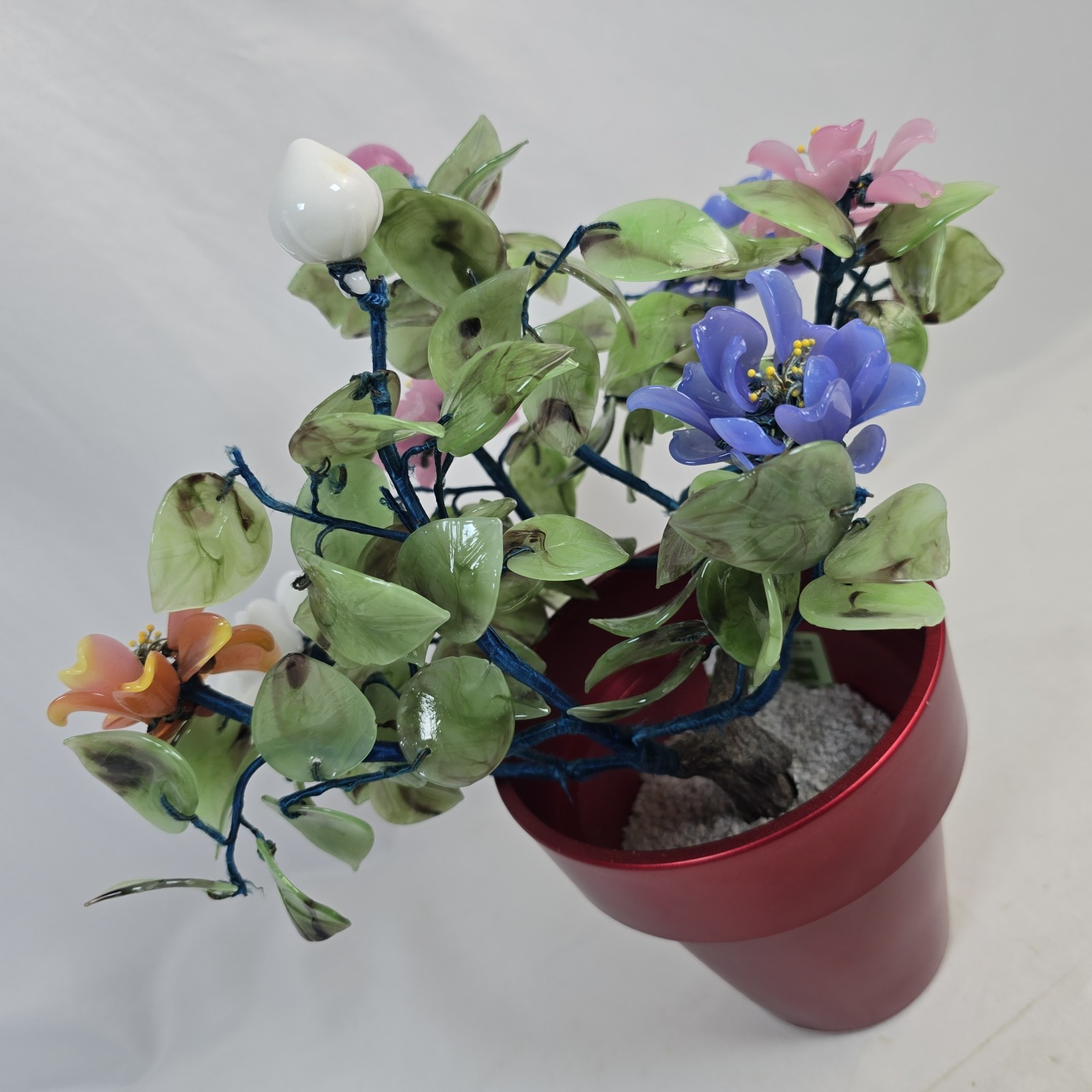 Chinese Jade Glass Bonsai Tree With Flowers and Pot 12 Inch X 11 Inch Approx