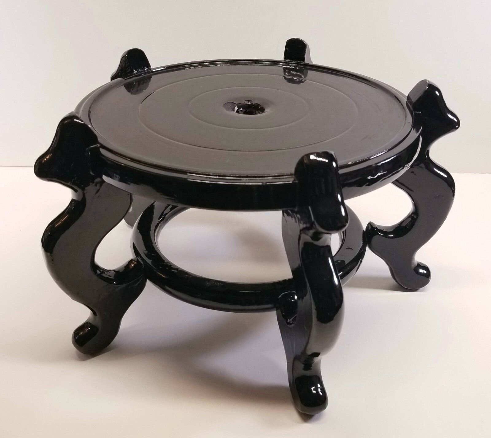 Vintage Large Chinese Black Lacquer Wood Stand 9.5″ Diam For Urn Plant Fish Bowl