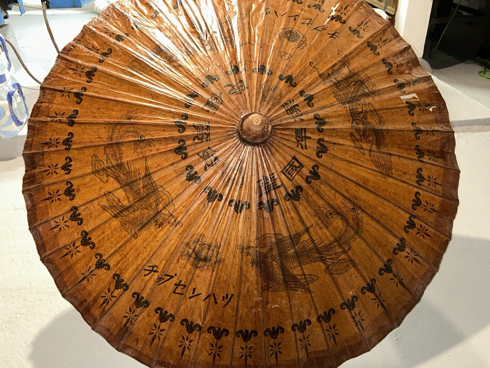 (2) Vintage Hand Painted Oriental Bamboo Rice Paper Umbrella Parasol Wood Handle